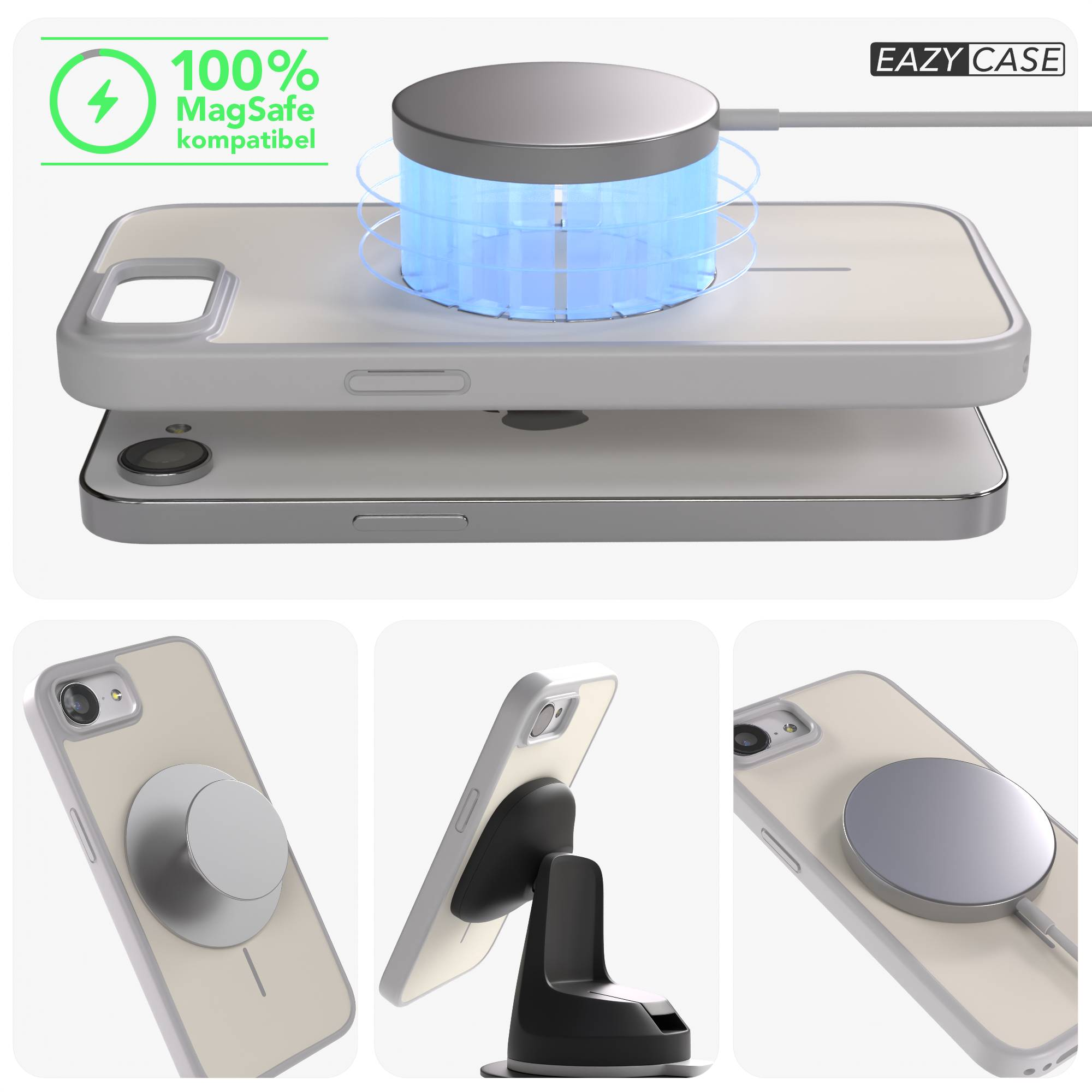 Ein iPhone mit MagSafe-kompatibler Hülle wird kabellos geladen.