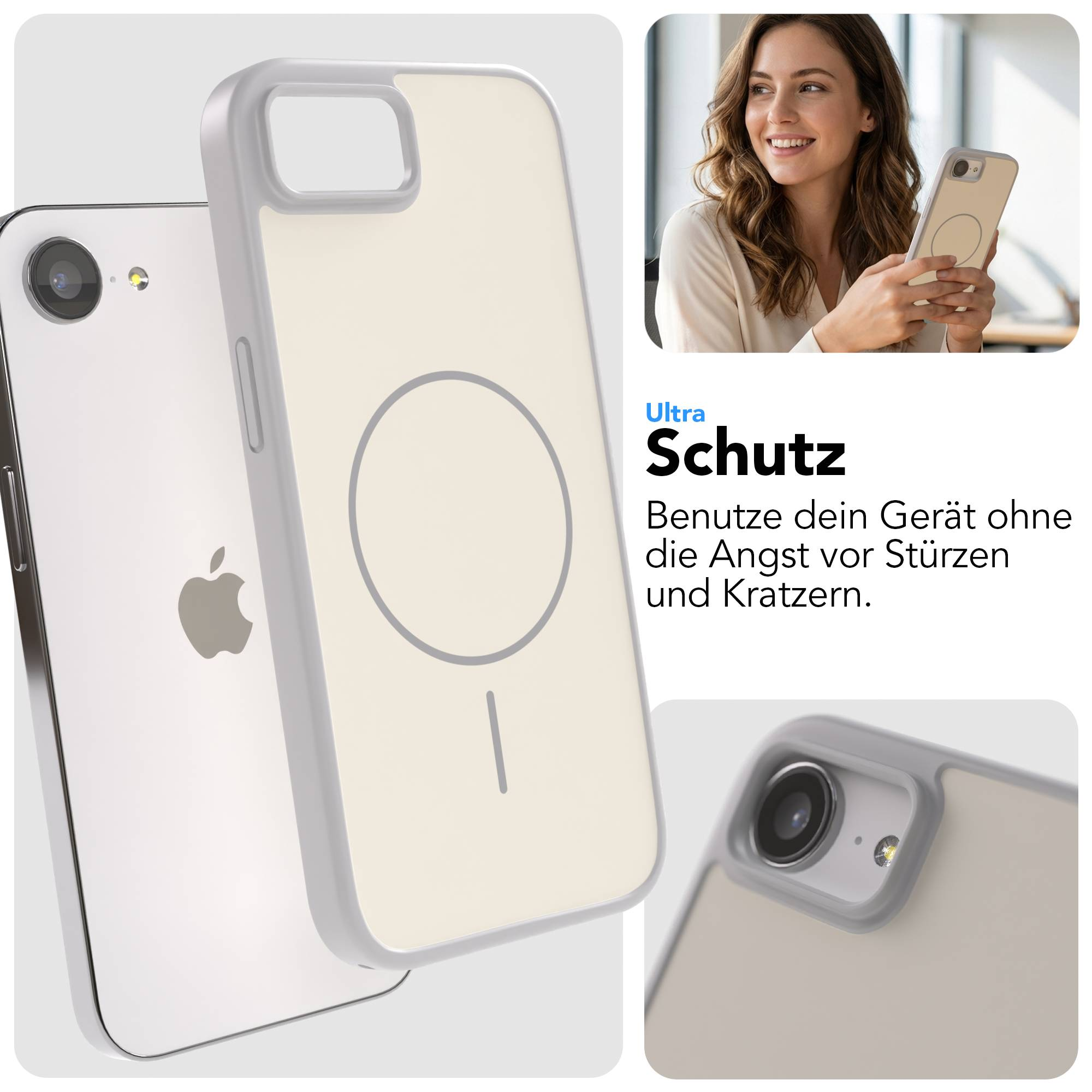Ein iPhone mit Hülle und eine Frau mit einem Handy. Nahaufnahme der Hülle.