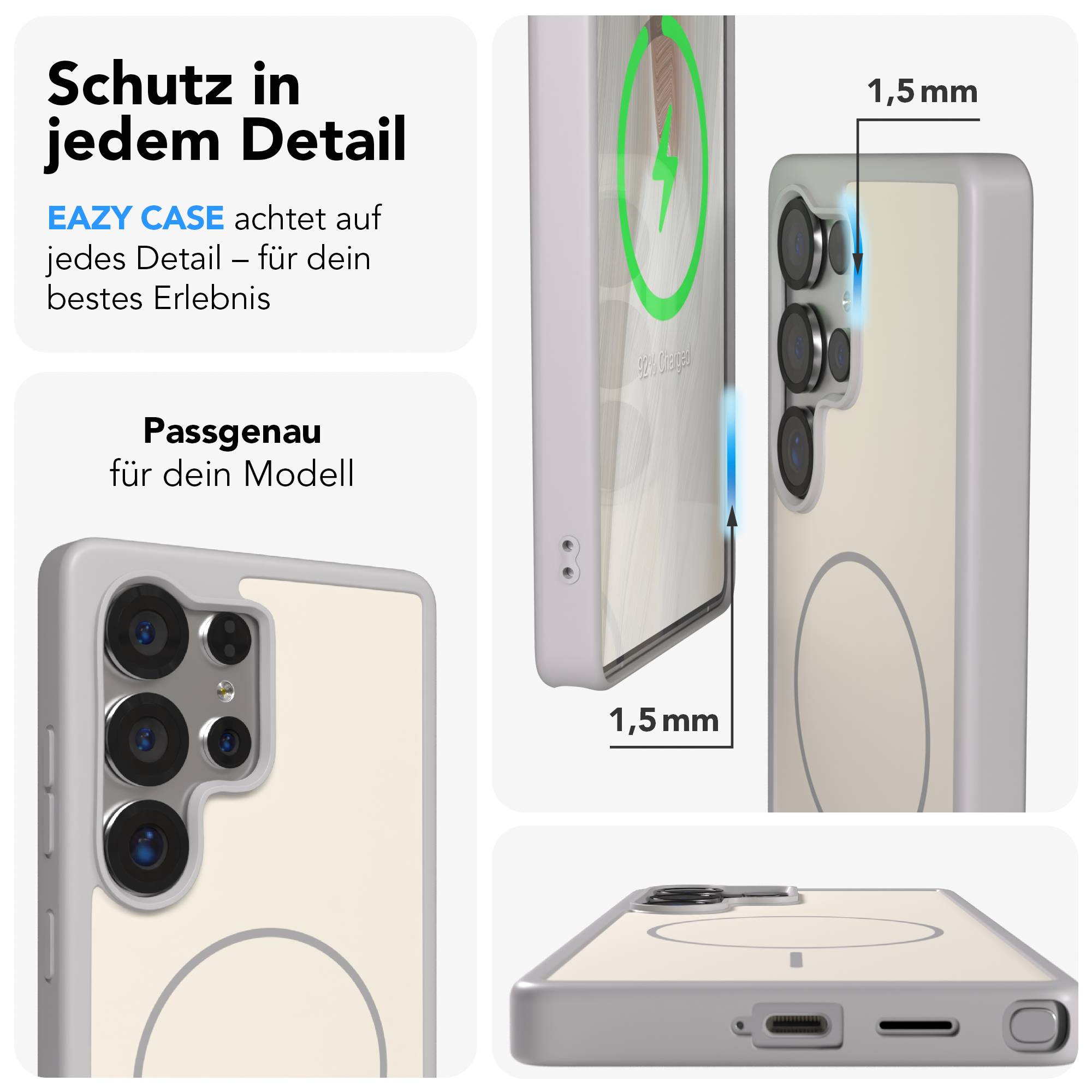 Eine Handyhülle mit Kamera-Detailansicht und Ladeanzeige.