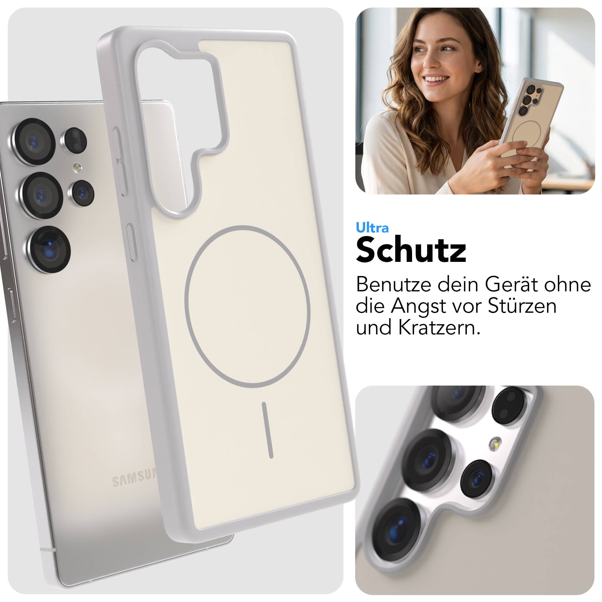 Ein Smartphone mit Schutzhülle und Kameras auf der Rückseite.
