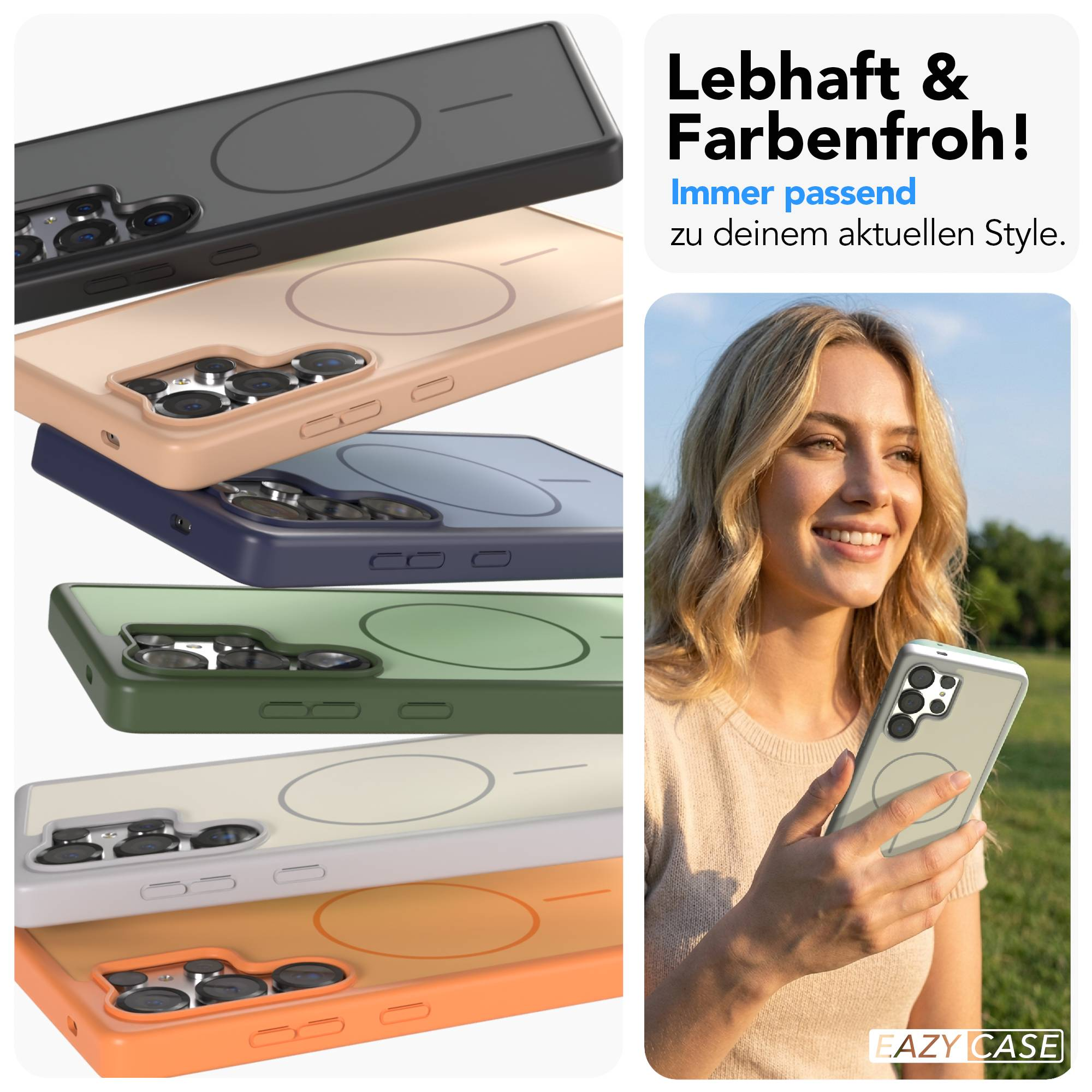 Mehrere Handyhüllen in verschiedenen Farben, eine Frau hält eine.
