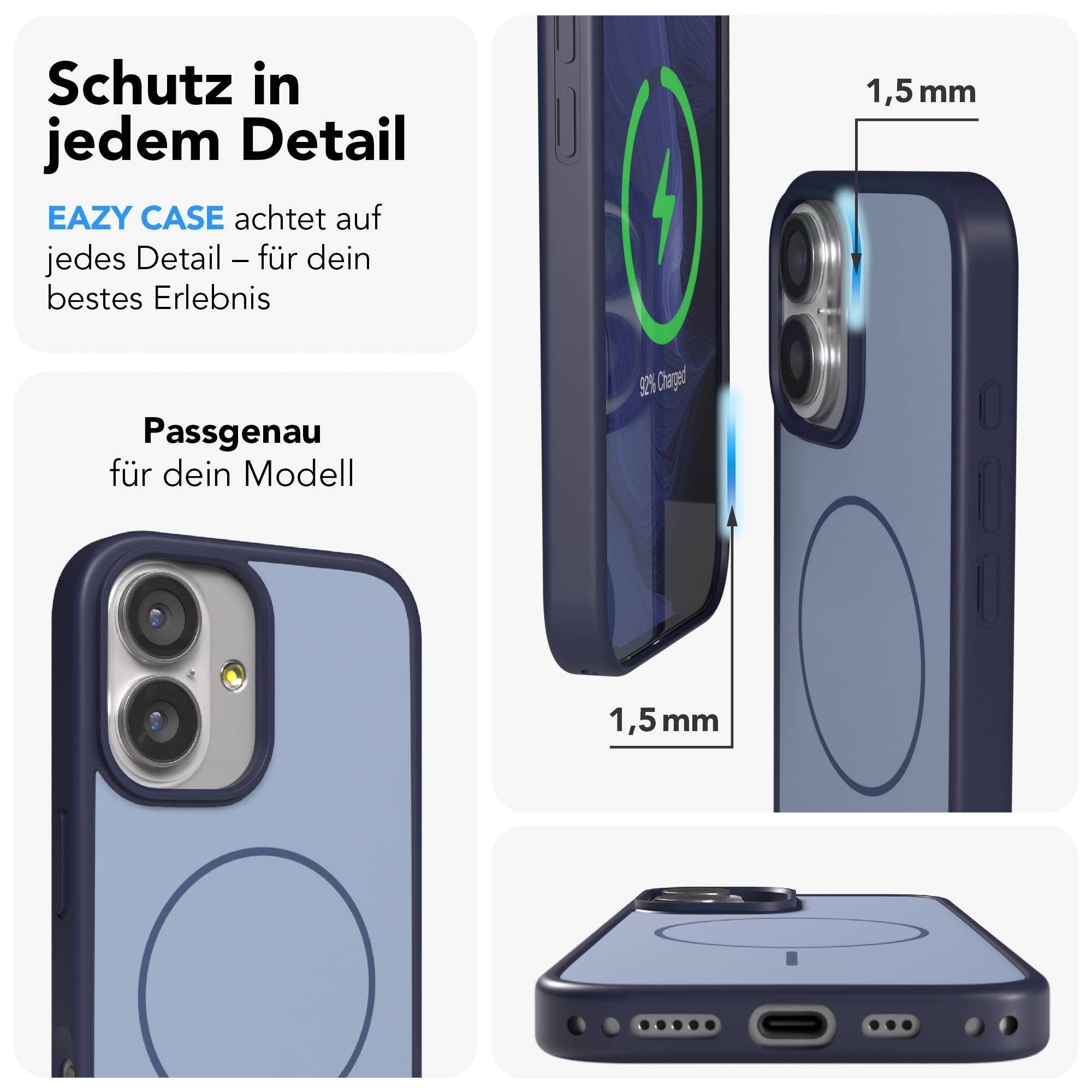 Dunkelblaues Handycase mit Kamerahalterung und Ladeanzeige.