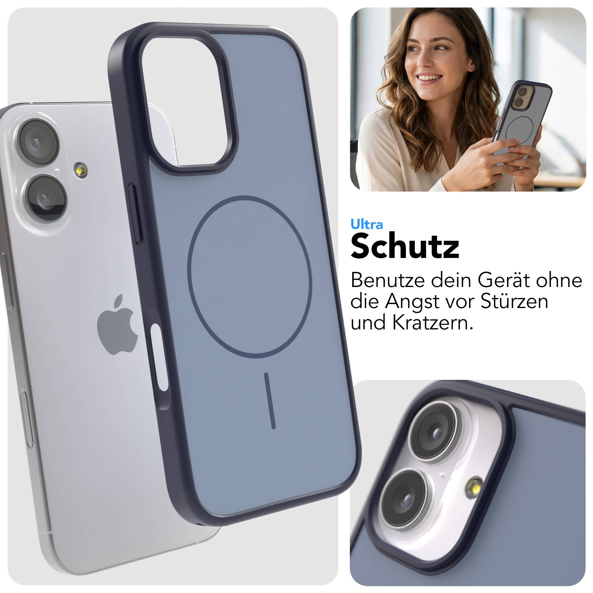 Ein blaues Handycover mit Magnetring auf einem silbernen iPhone.