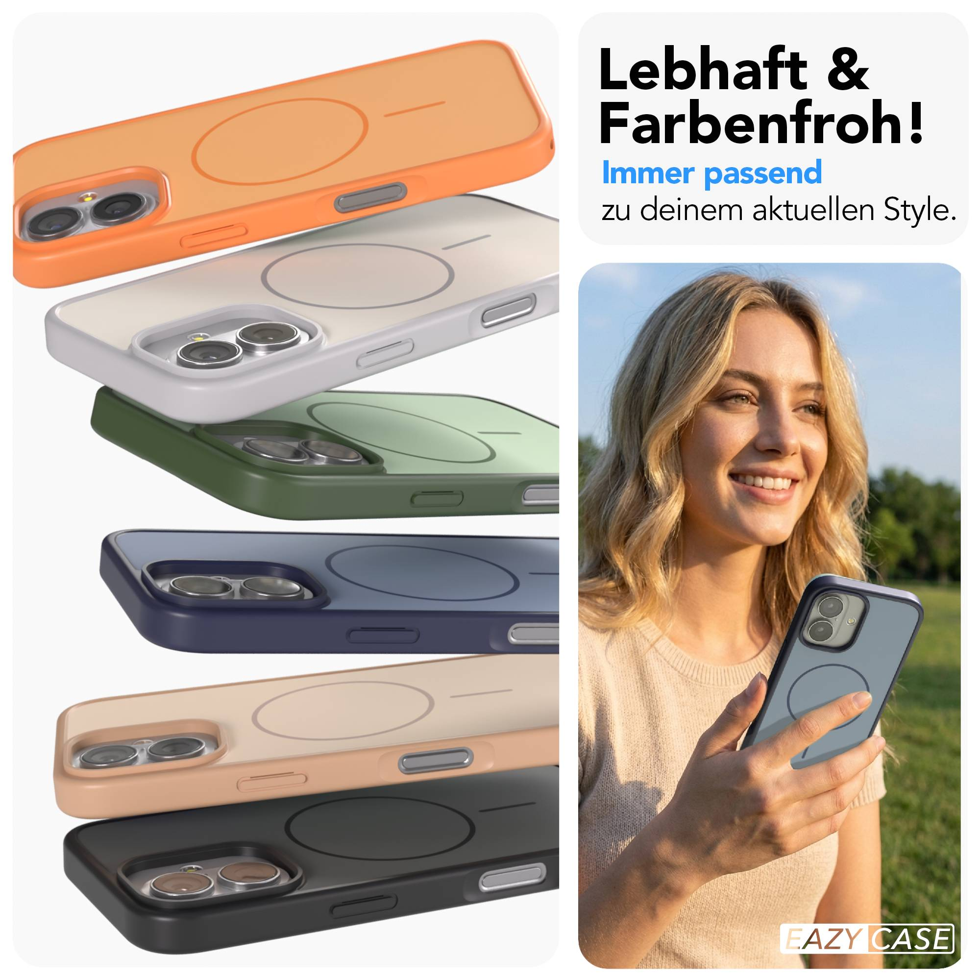 Mehrere bunte Handyhüllen und eine Frau mit einem Handy.