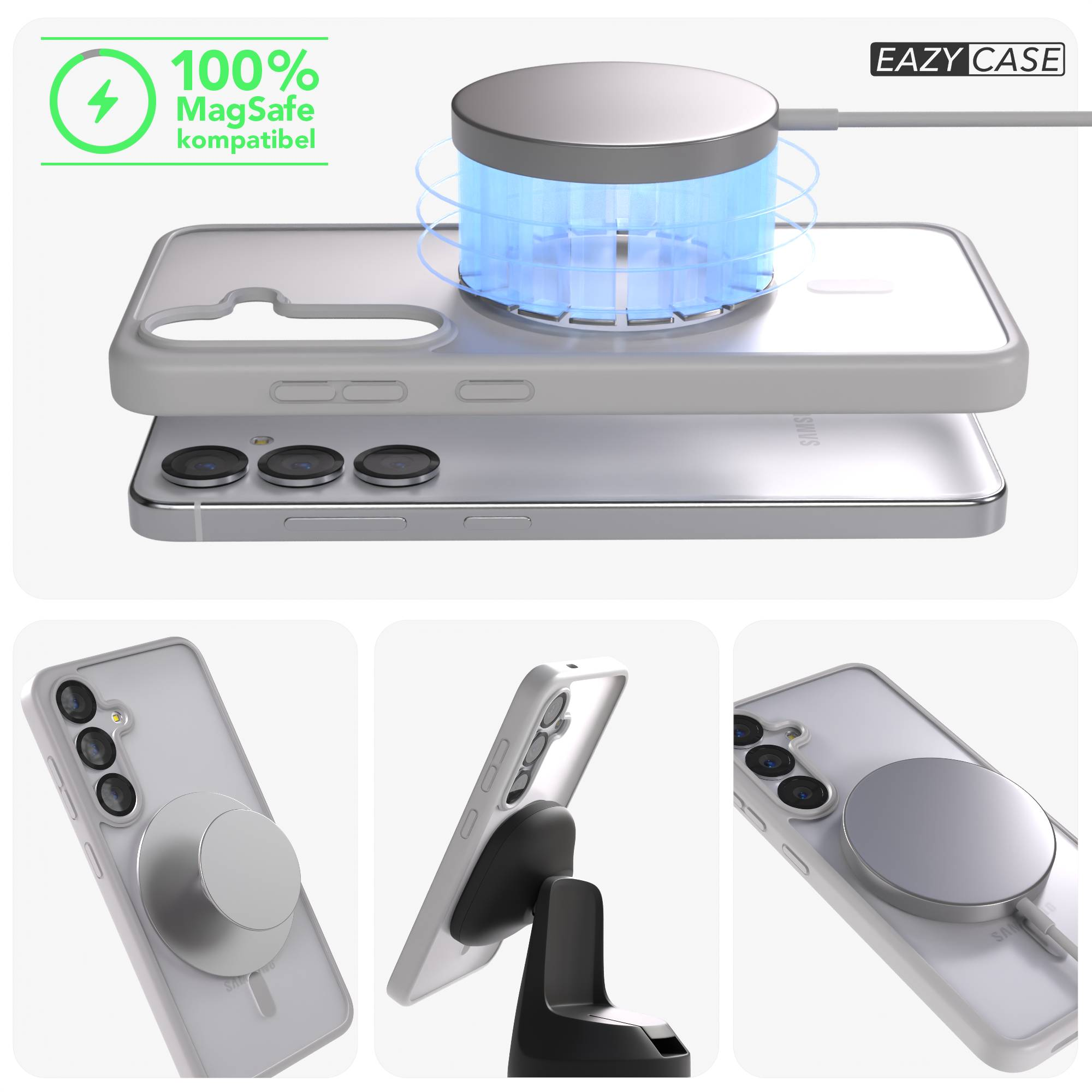 Ein Handy mit Hülle, MagSafe-Ladegerät und Ständer.