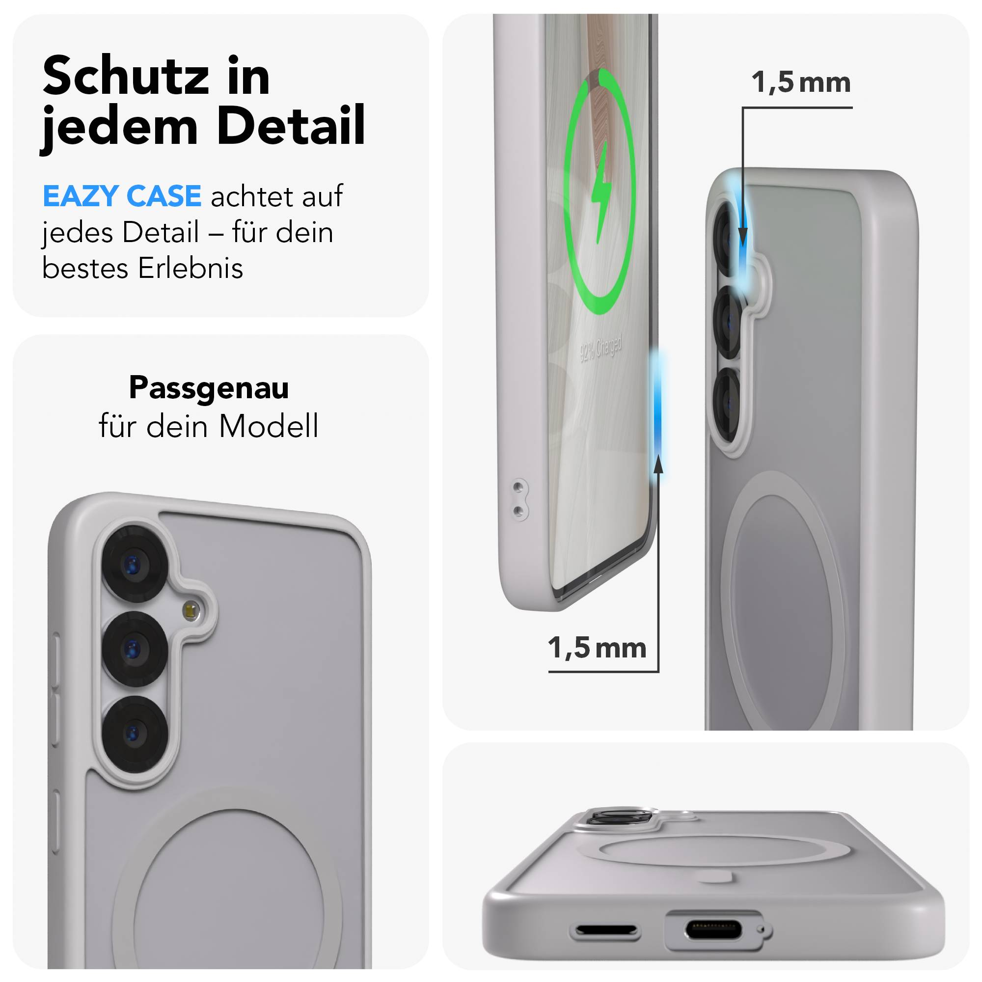 Detailansicht einer grauen Handyhülle mit Ladeanzeige und Maßangaben.