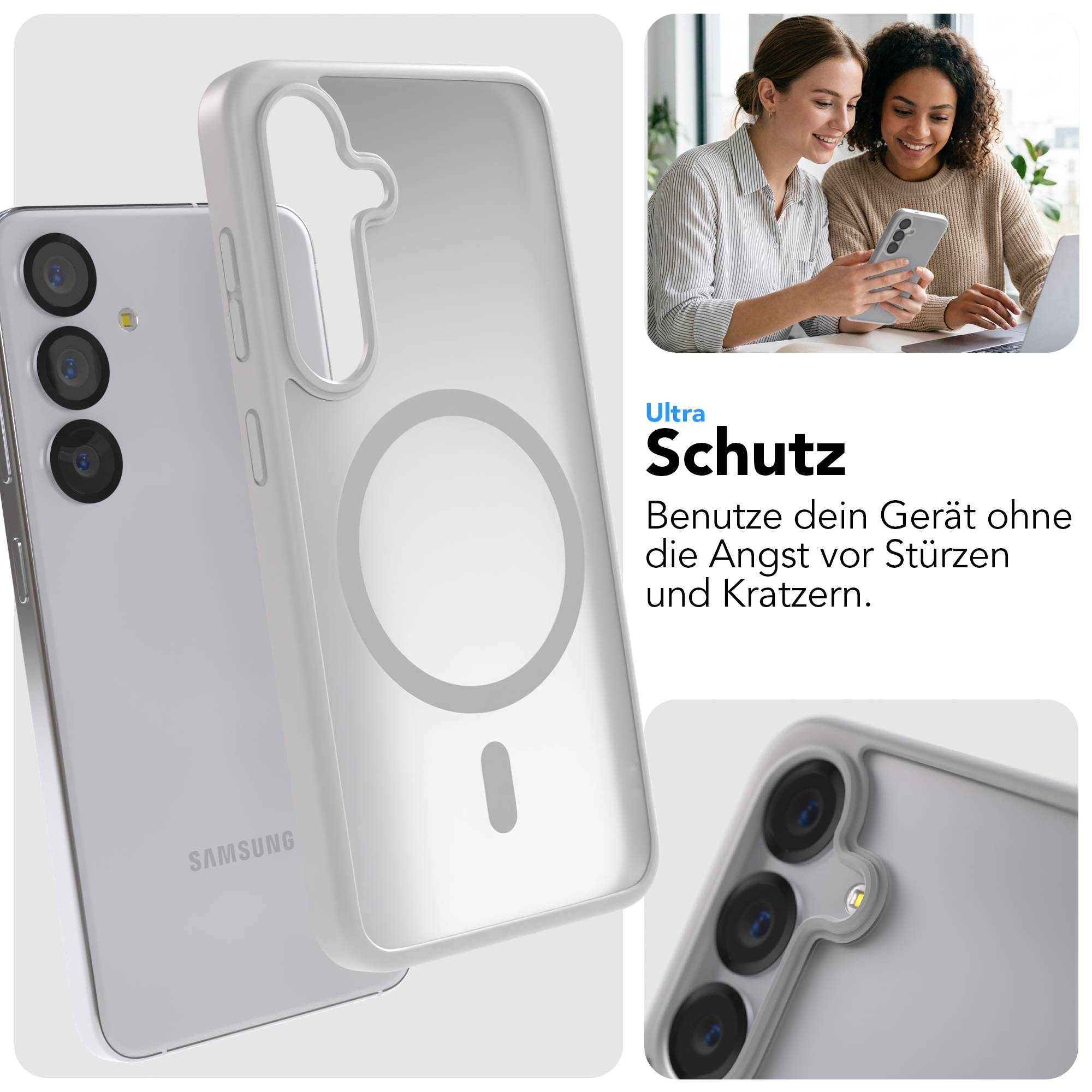 Ein transparentes Handycover mit Magnetring liegt neben einem Handy.