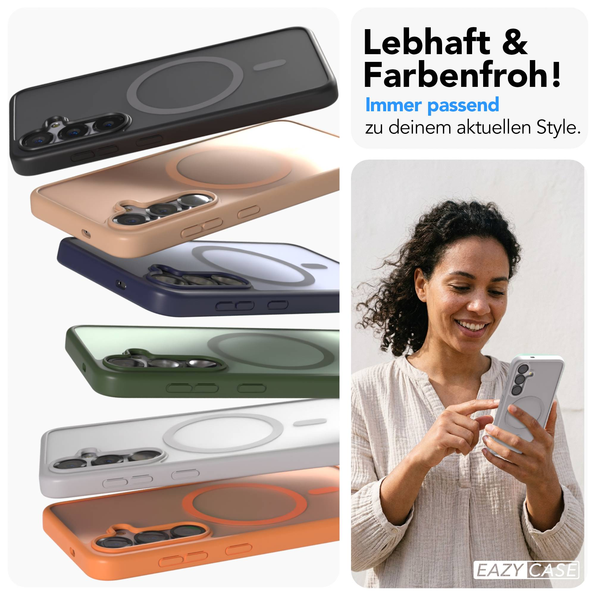Fünf bunte Handyhüllen mit Kameras und Magnetring, eine Frau hält ein Handy.
