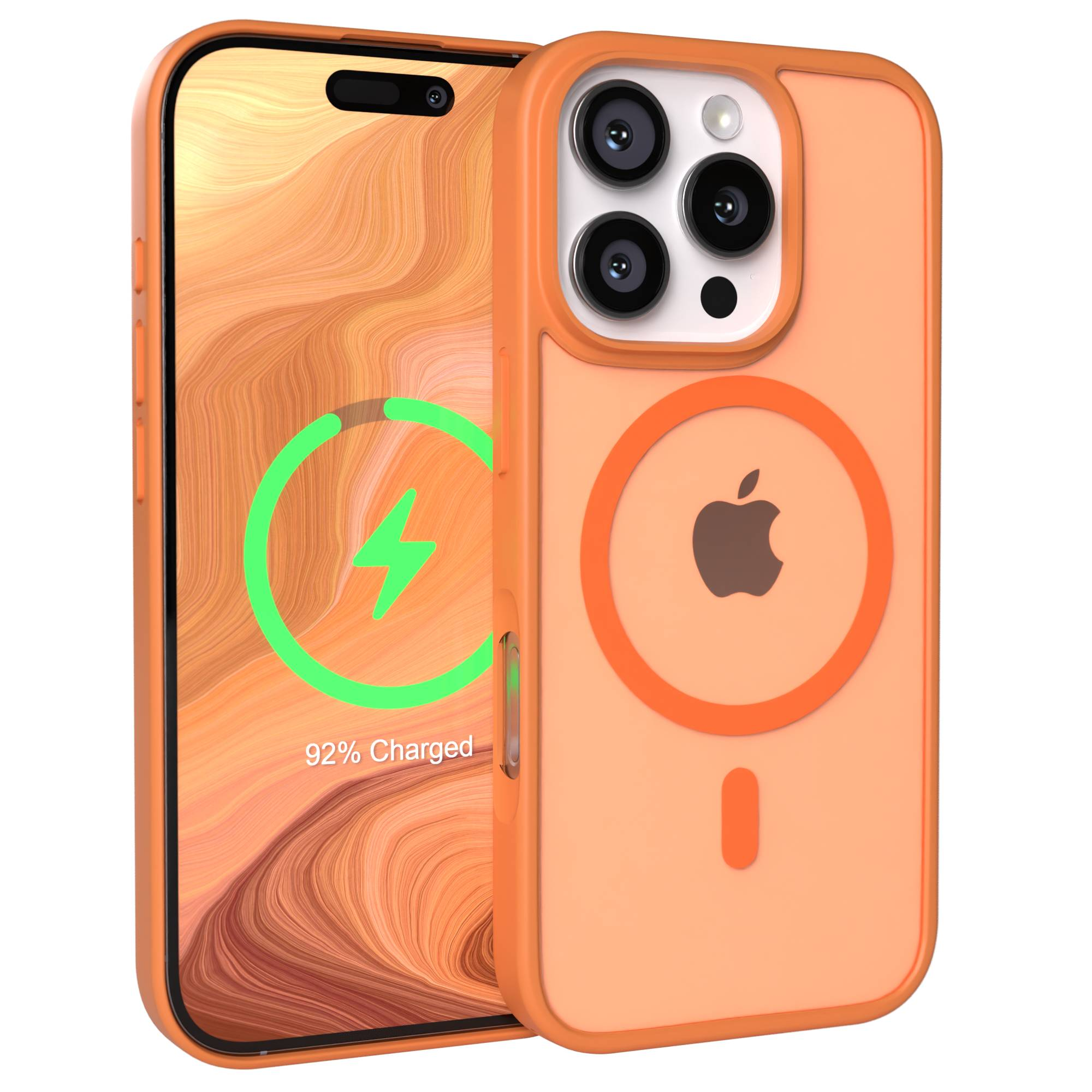 Ein orangefarbenes iPhone mit MagSafe-Hülle und Ladeanzeige bei 92%.