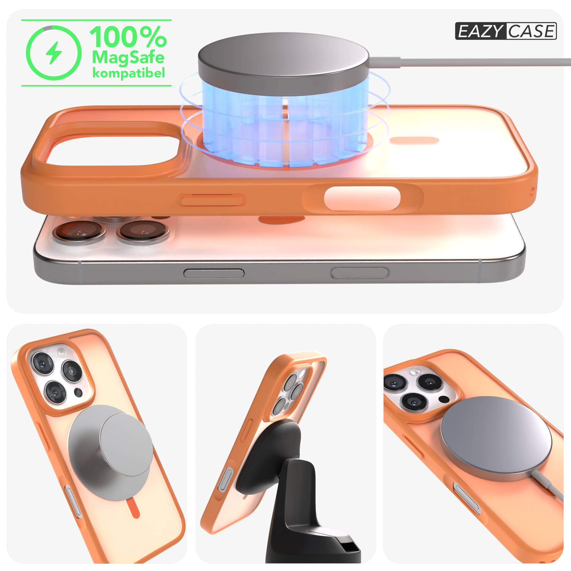 Orange MagSafe Hülle auf iPhone mit Ladegerät und Halterung.