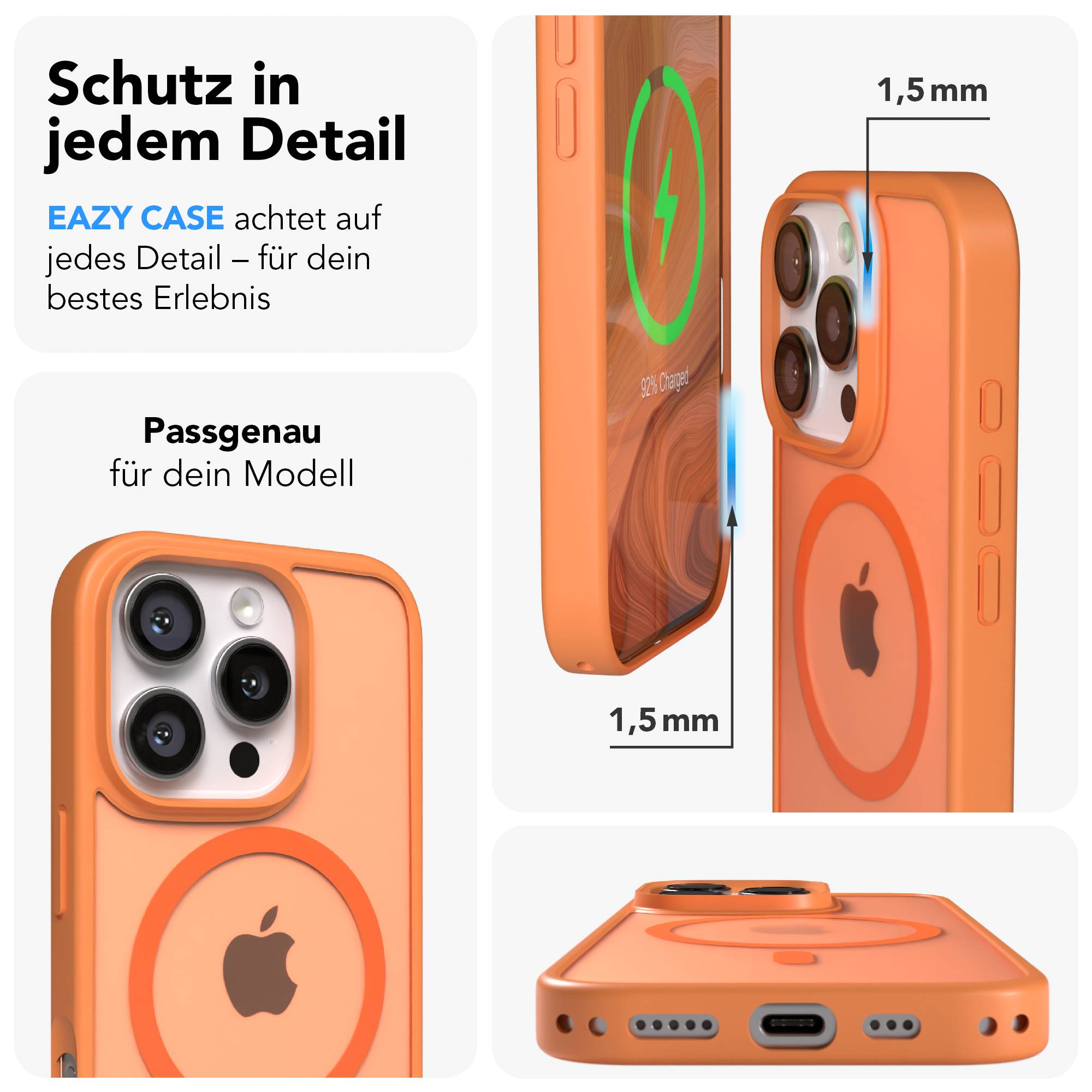 Orange Handyhülle mit Apple-Logo, Kameraausschnitt und 1,5mm Dicke.