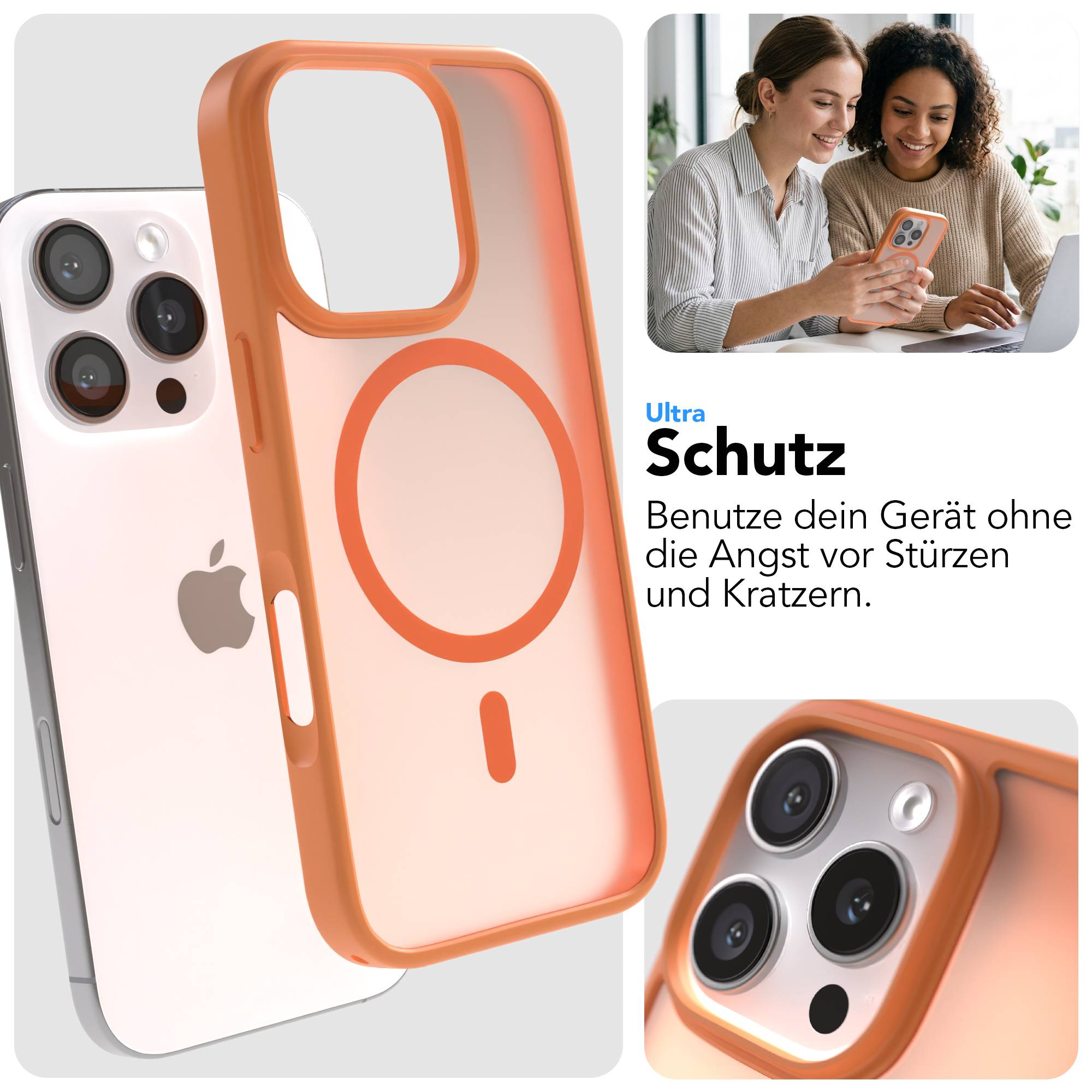 Ein iPhone mit Hülle, zwei Frauen schauen auf ein Handy und einen Laptop.