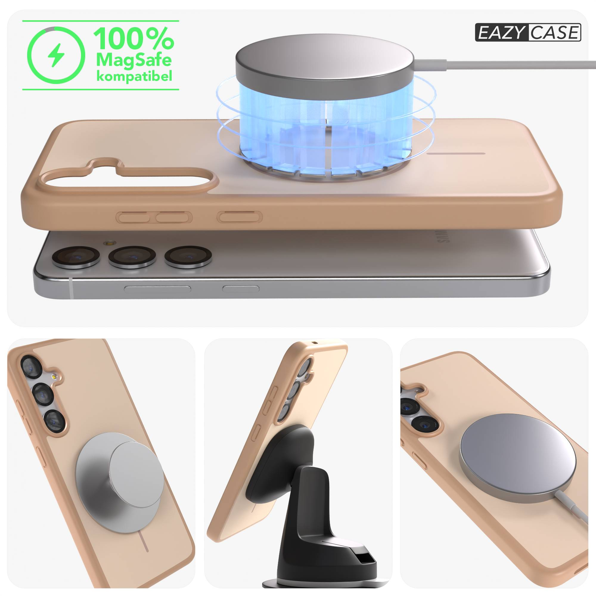 Ein Handy mit MagSafe-Ladegerät, das auf einer Hülle sitzt.