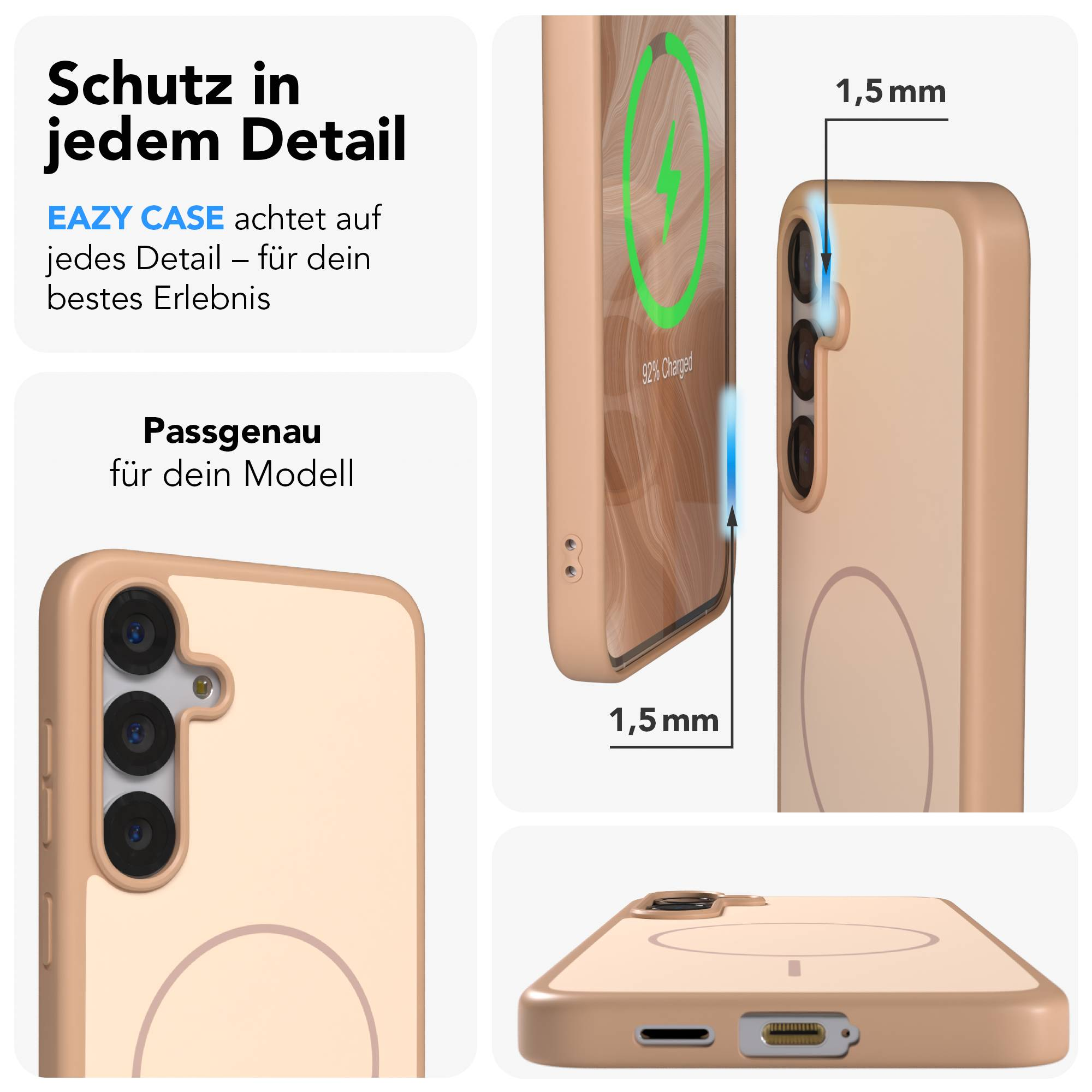 Ein beige Handyhülle mit Kameraausschnitt und Ladeanzeige.