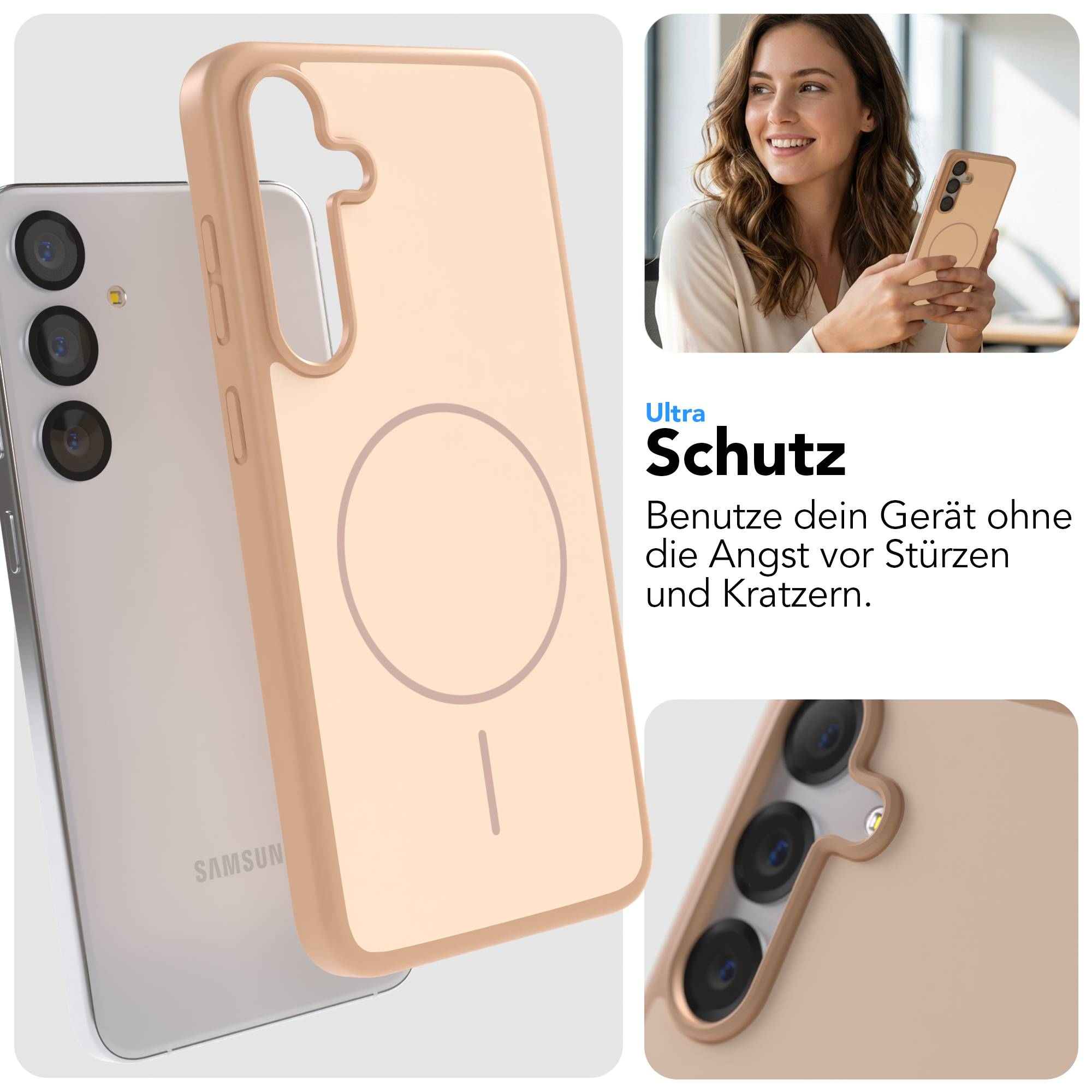 Ein Handy mit Hülle und Nahaufnahmen der Kamera und des Designs.