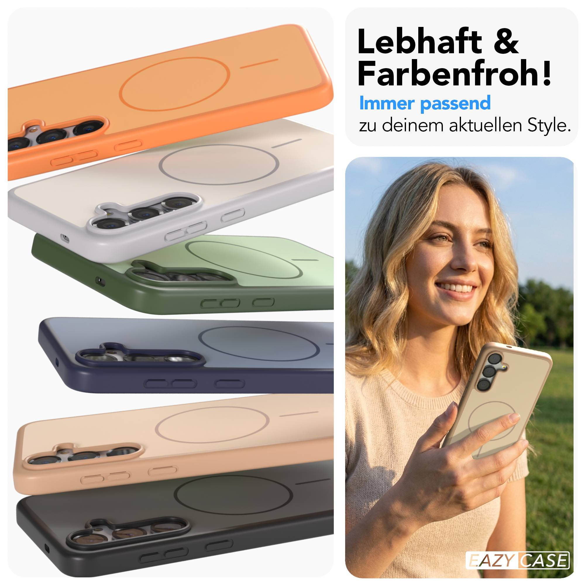 Mehrere Handyhüllen in verschiedenen Farben, eine Frau hält ein Handy.