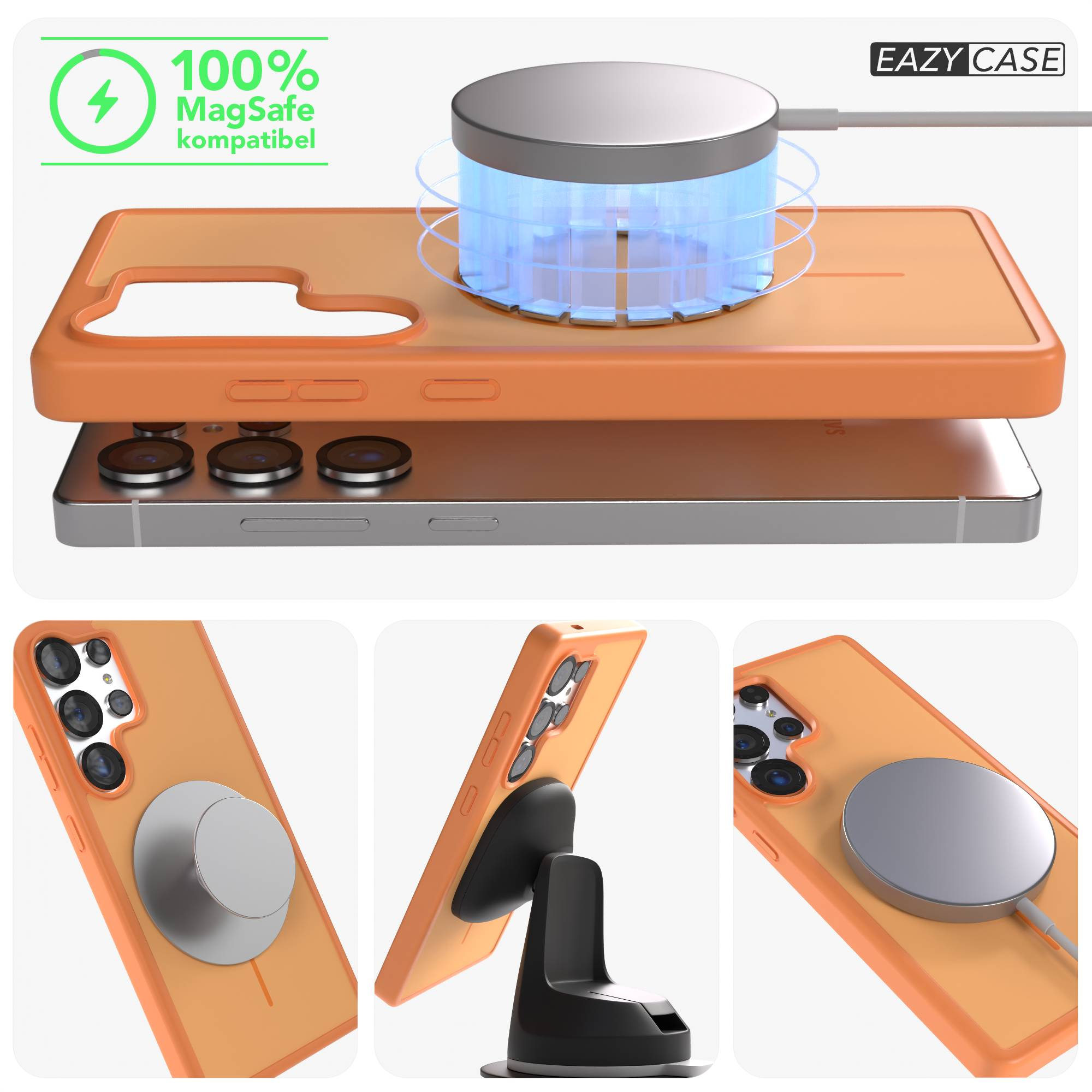 Orange Hülle für Handy mit MagSafe-Ladegerät und Halterung.