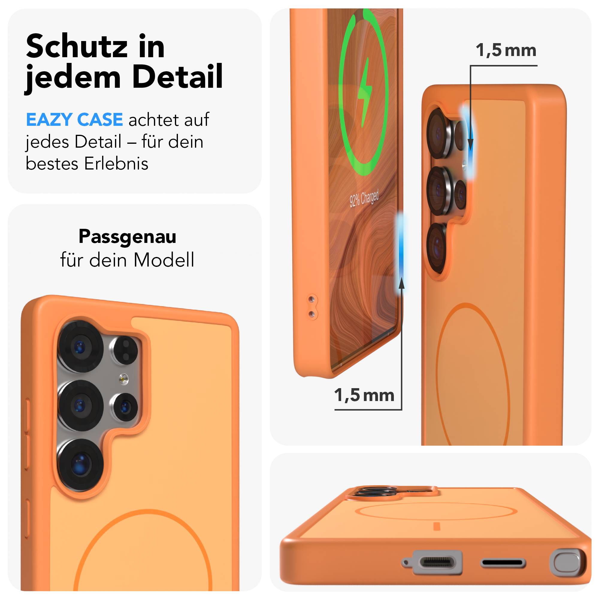 Orange Hülle zeigt Handy-Kamera, Ladeanzeige und 1,5mm Dicke.
