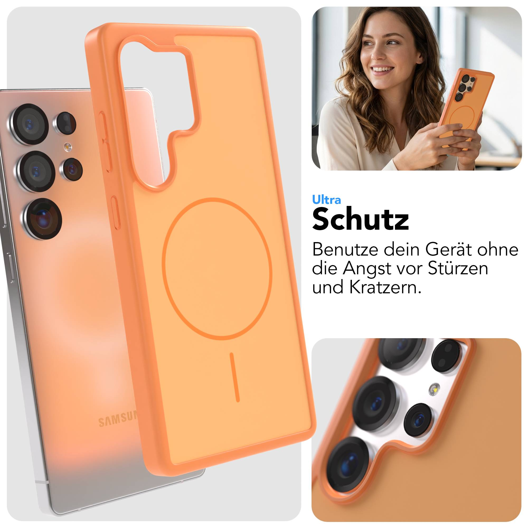 Ein silbernes Smartphone mit orangenem Schutzcase und Kameramodul.