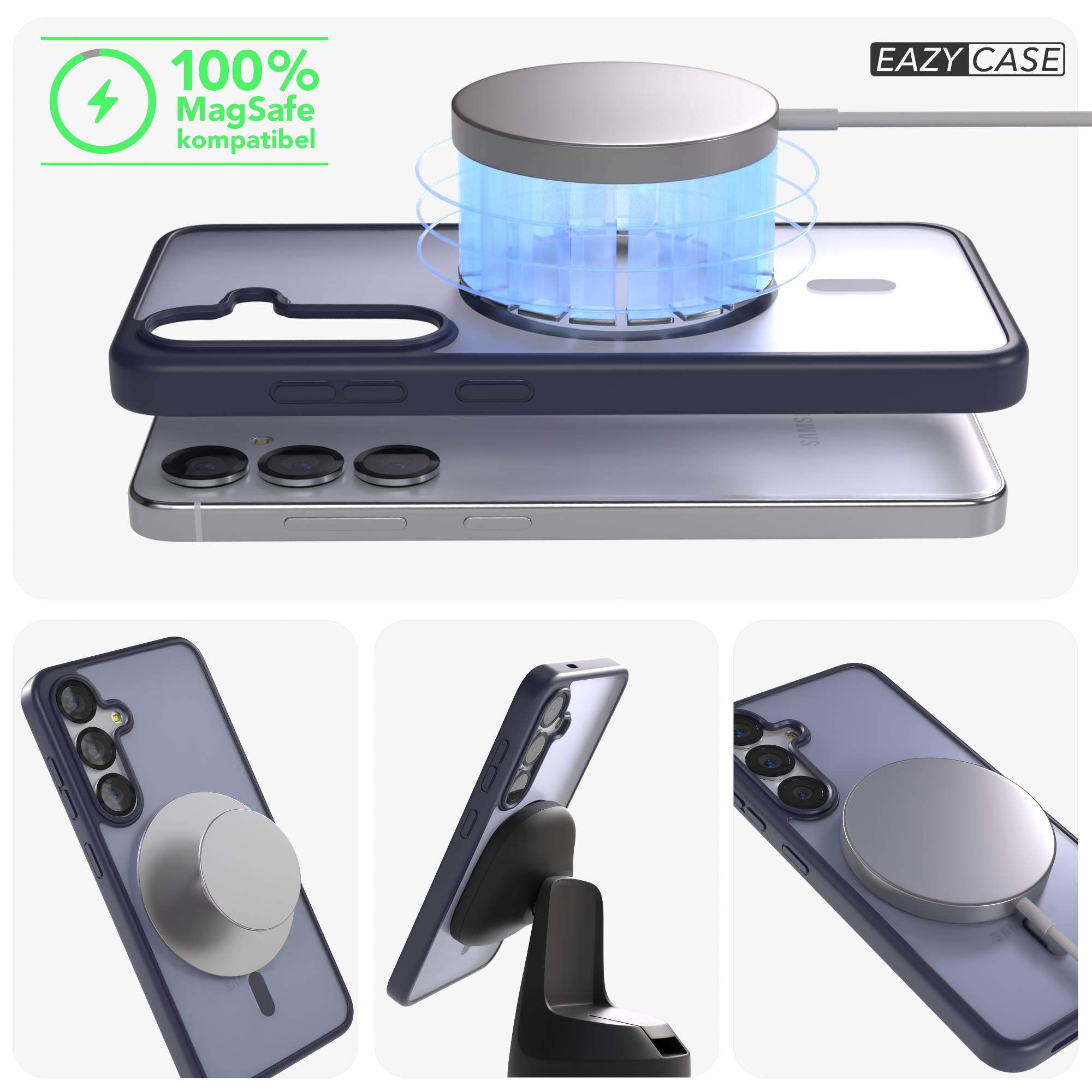 Ein dunkler Handyhülle mit einem MagSafe-Ladegerät und blauer Energieanzeige.