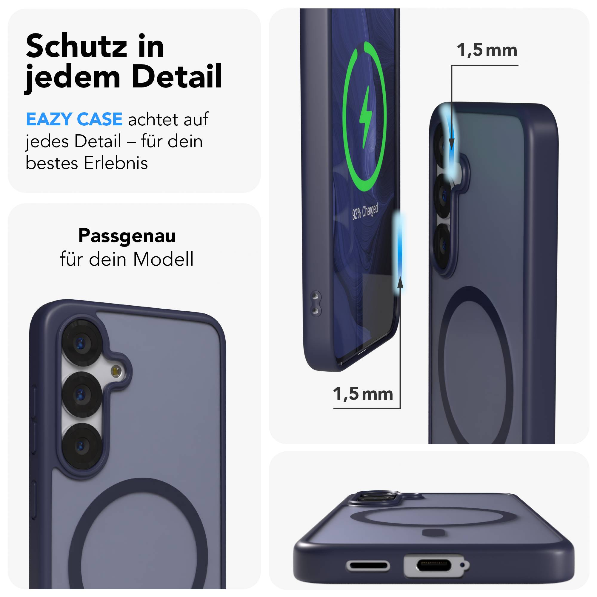 Drei Ansichten einer dunkelblauen Handyhülle, die einen Ladebildschirm zeigt.