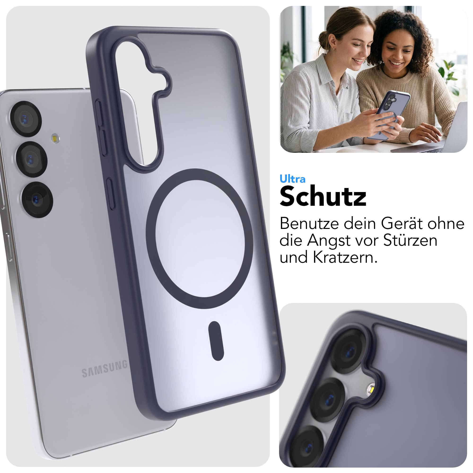 Transparente Handyhülle mit dunklem Rand zeigt ein Handy und zwei Frauen, die ein Handy benutzen.