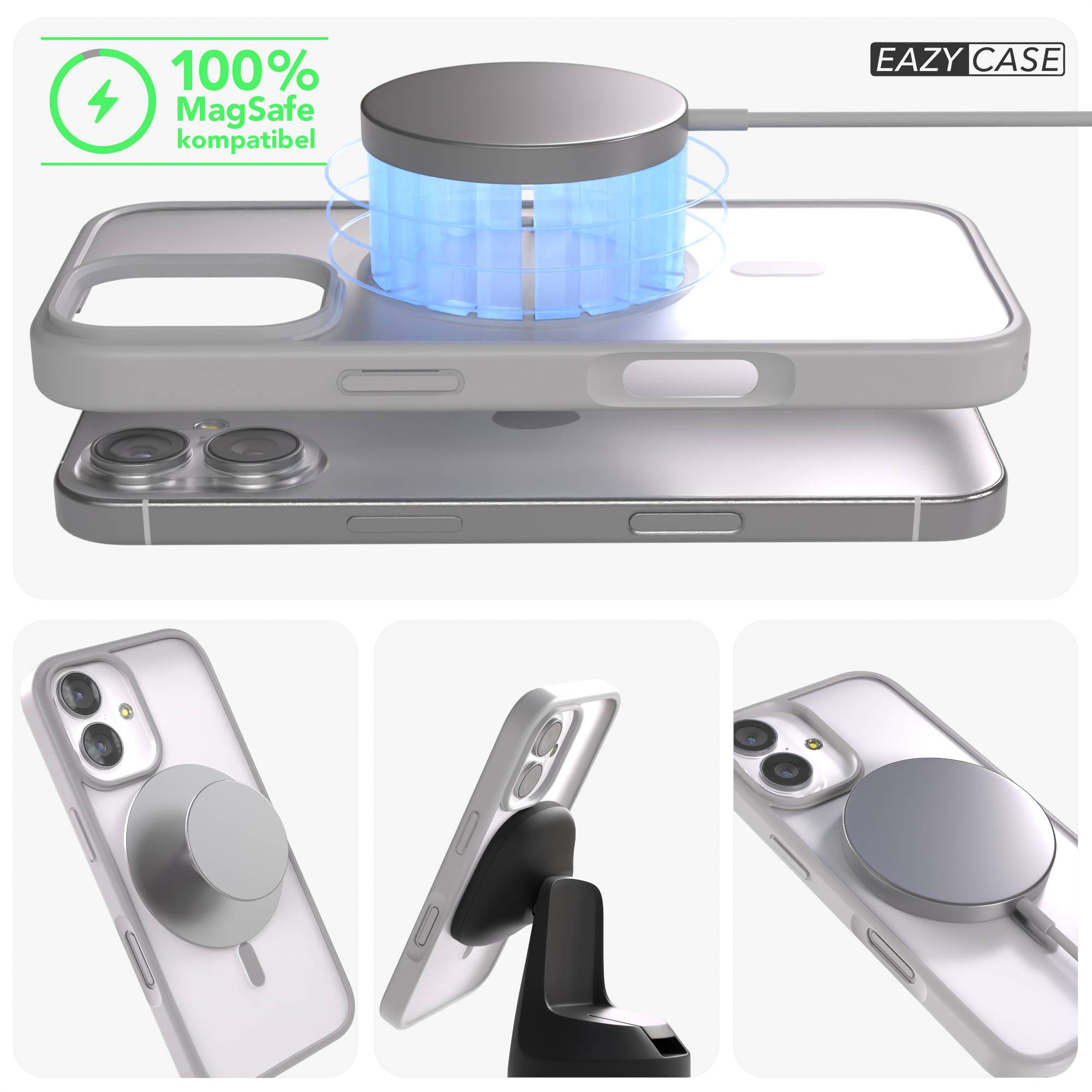 MagSafe Ladegerät lädt ein iPhone mit transparentem Case. Eazy Case Logo oben rechts.