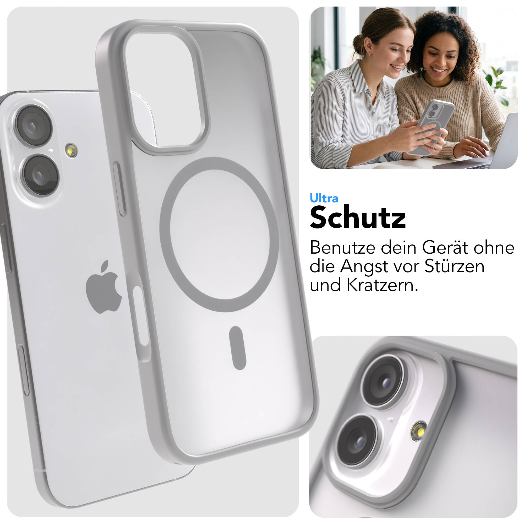 Graue Handyhülle mit Apple-Logo und Magnetring. Nahaufnahme der Kamera.