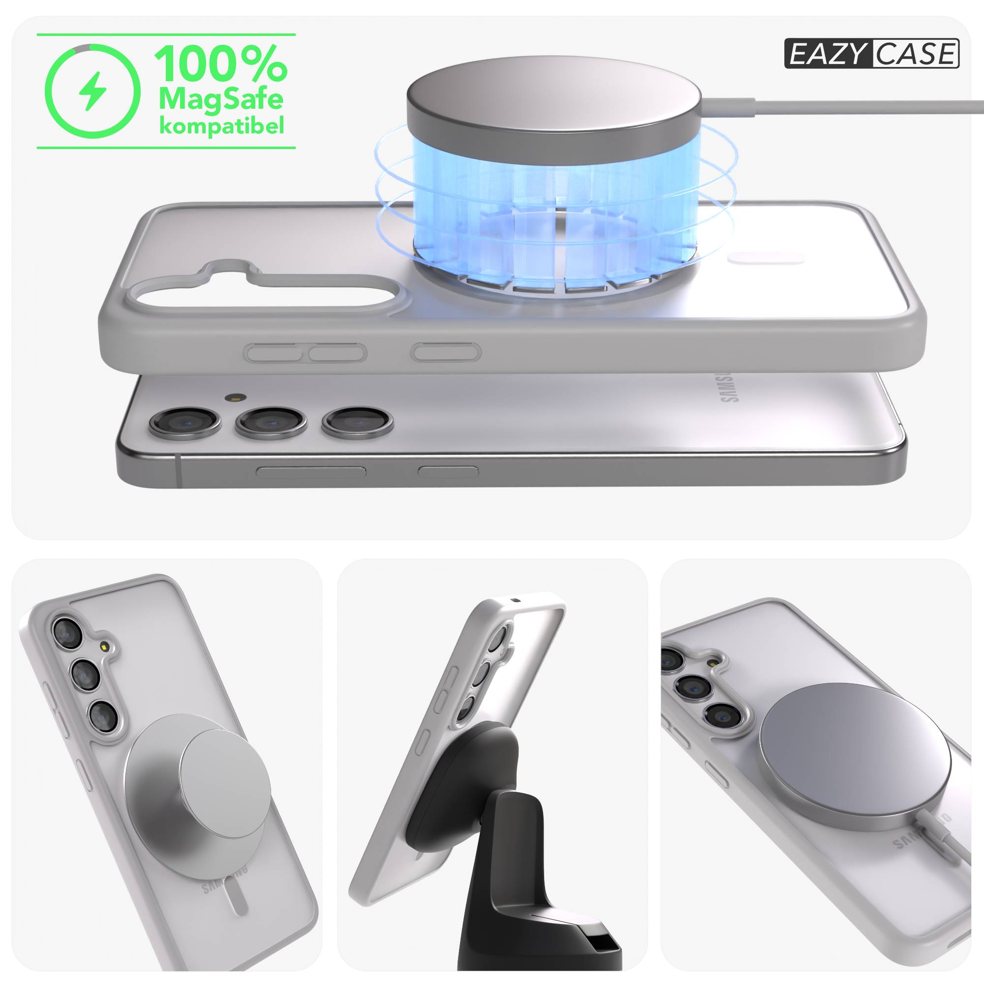 MagSafe-kompatibles Ladegerät auf einer klaren Handyhülle über einem Handy.