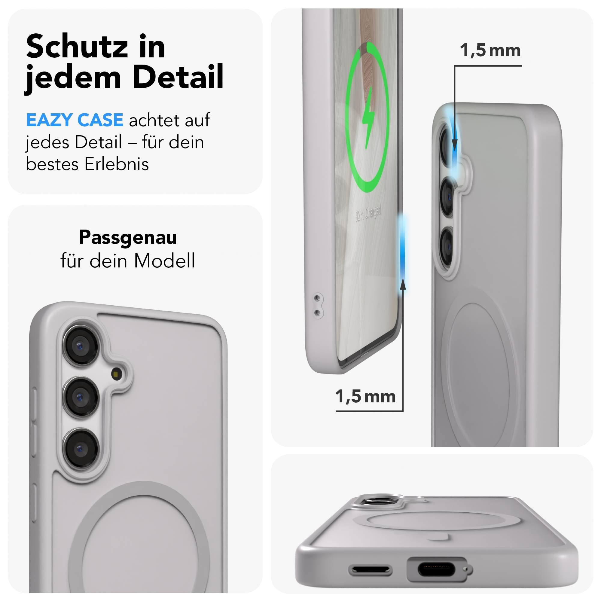Graue Handyhülle mit Fokus auf Details und Präzision.