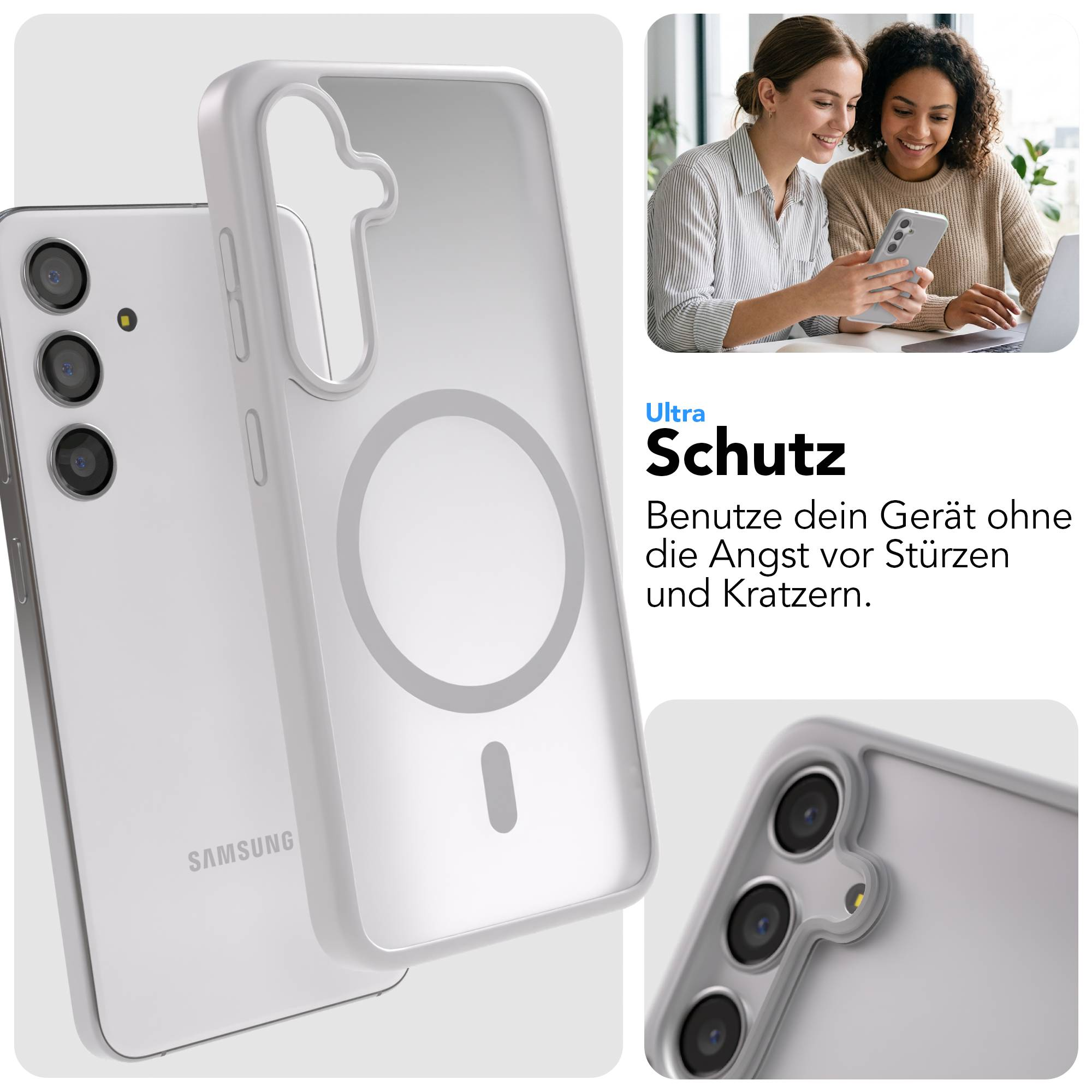 Ein transparentes Handycover liegt neben einem weißen Smartphone.