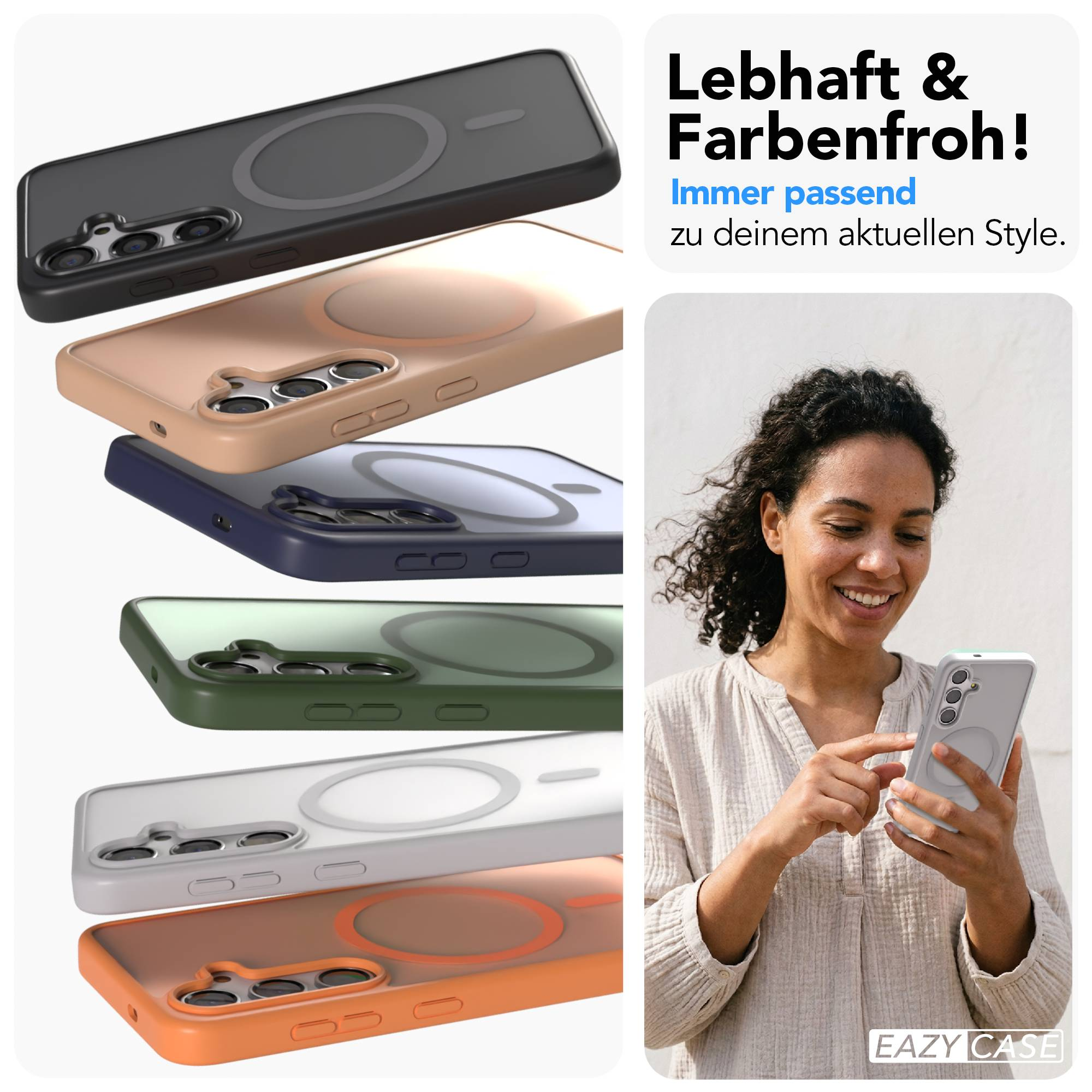 Fünf Handyhüllen in verschiedenen Farben, eine Frau hält ein Handy.