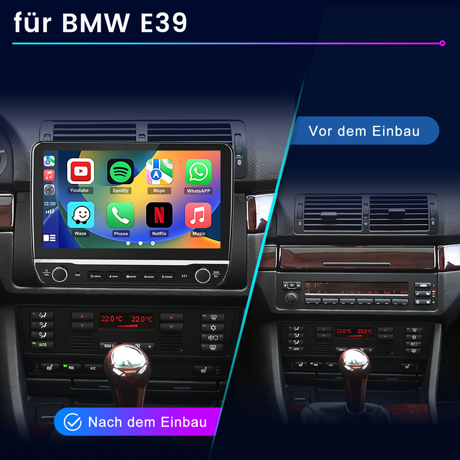 Vorher/Nachher-Vergleich eines BMW E39-Infotainmentsystems mit Apps.