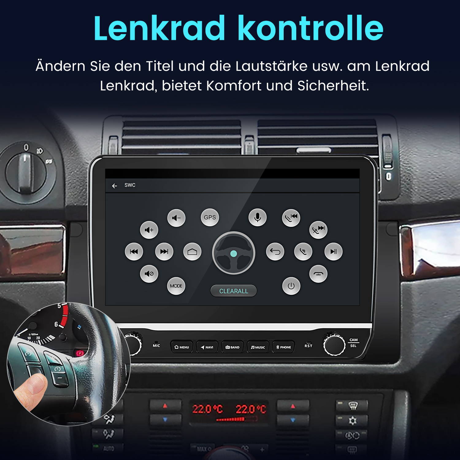 Ein Auto-Infotainmentsystem mit Lenkradsteuerung und Touchscreen-Menü.