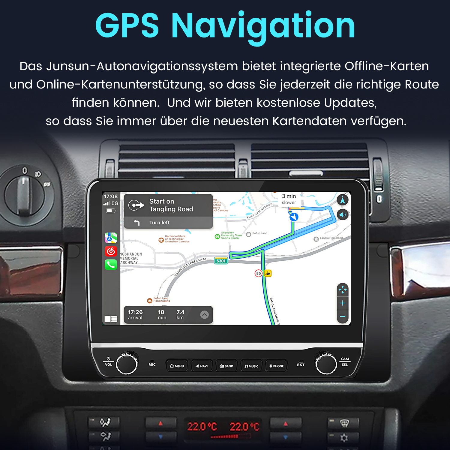 GPS-Navigationssystem in einem Auto zeigt eine Karte mit einer Route, Ankunftszeit und Entfernung.