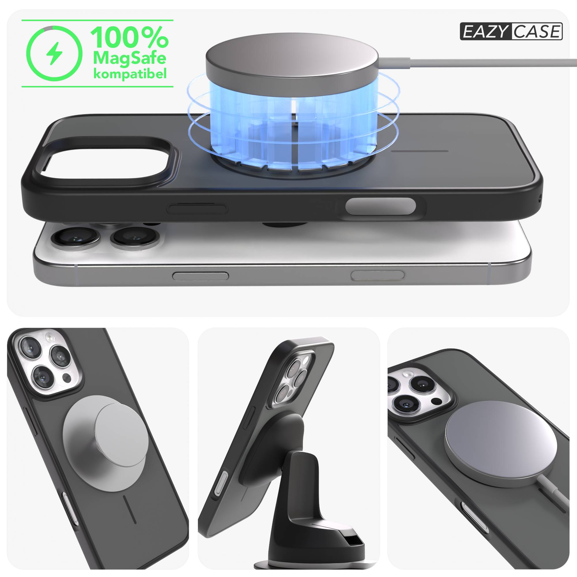 Ein schwarzes iPhone-Case mit MagSafe-Ladegerät und Ladeanzeige.