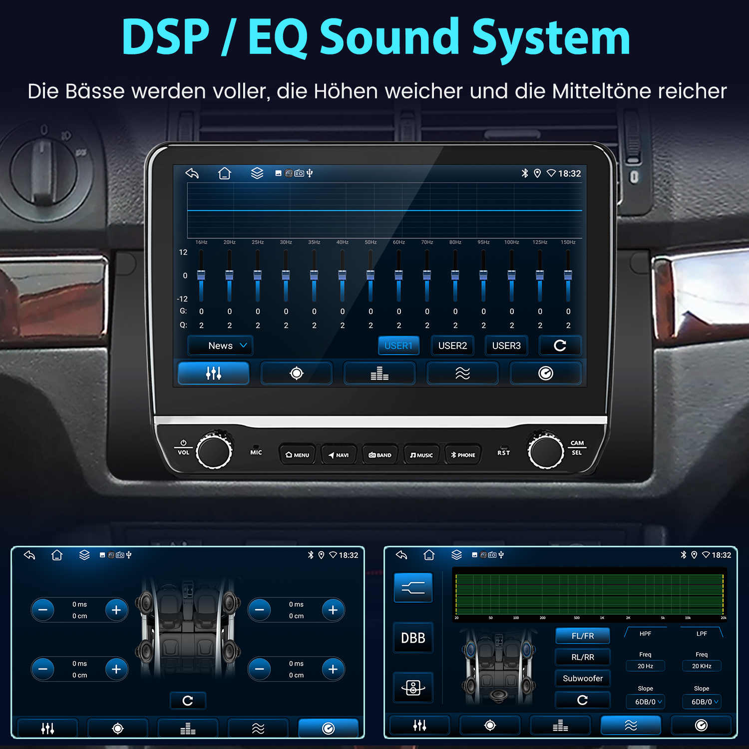 Ein Auto-Infotainment-System mit EQ-Einstellungen und Lautsprecheranpassungen.