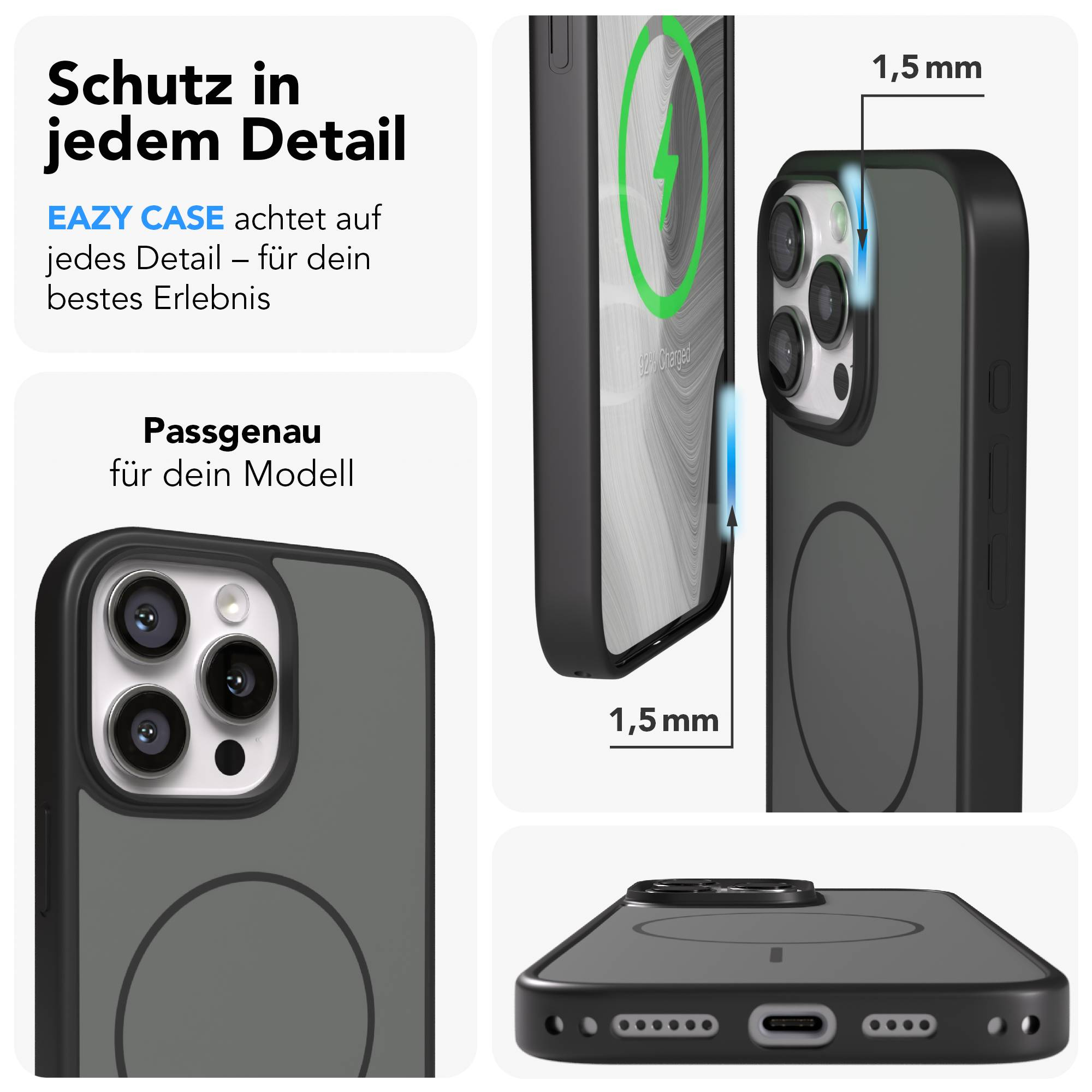 Ein schwarzes Handycover wird gezeigt, das 1,5 mm dick ist und einen doppelten Kameraschutz bietet.