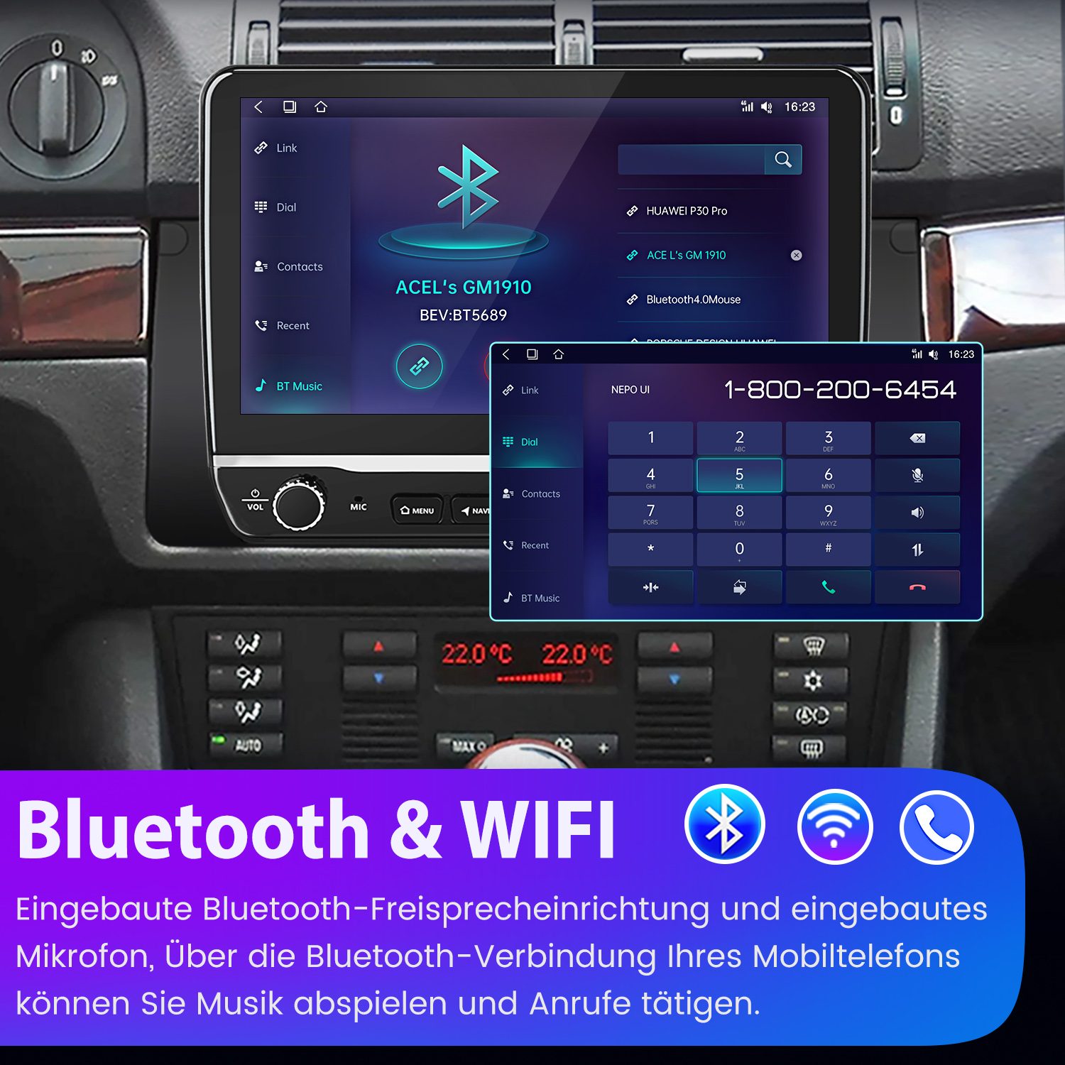 Auto-Infotainment zeigt Bluetooth-Menü und Ziffernblock. Text: Bluetooth & WIFI.