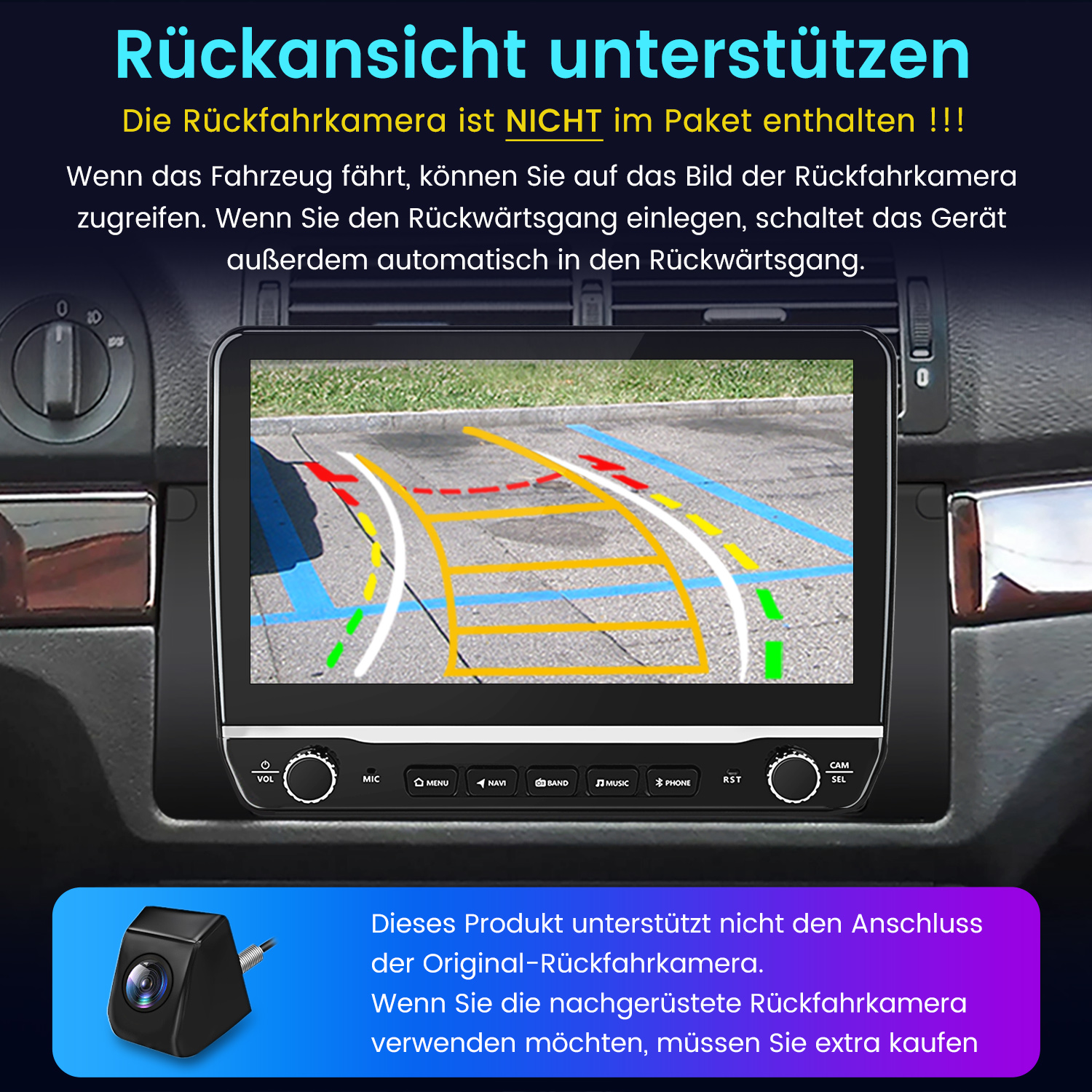 Autobildschirm zeigt Rückfahrkamera-Ansicht mit Parkhilfslinien.