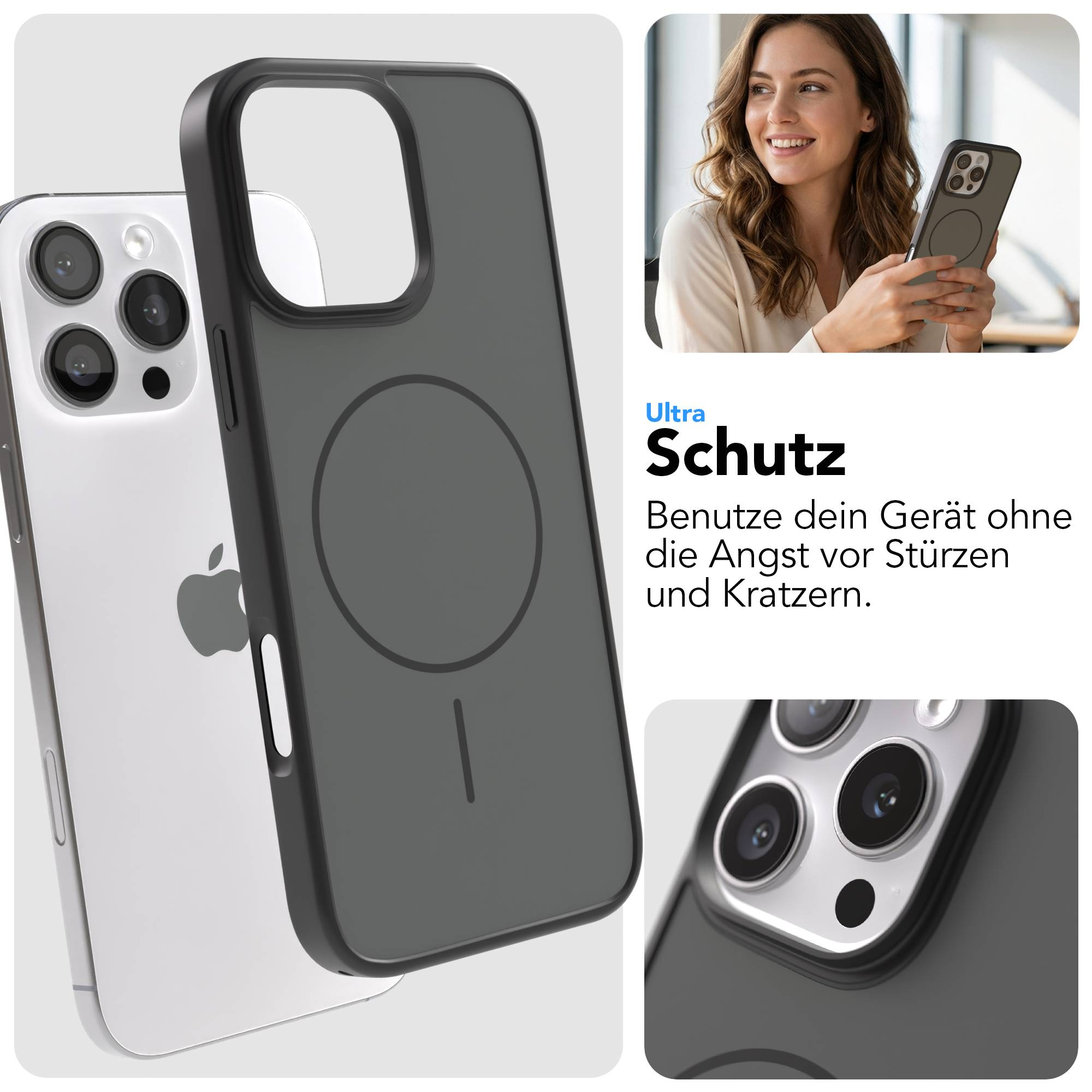 Dunkelgraues Handycover auf einem silbernen Handy. Nahaufnahme der Kameras.