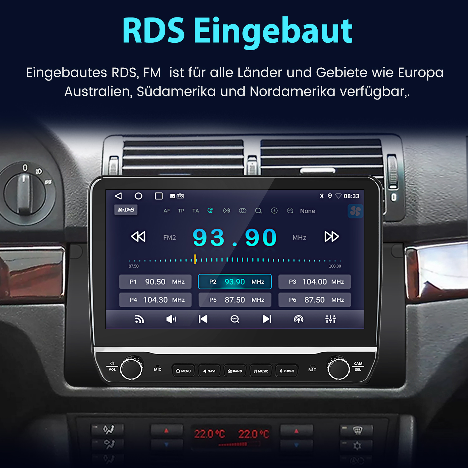 Ein Autoradio mit RDS-Anzeige zeigt 93.90 MHz und Sender-Presets an.