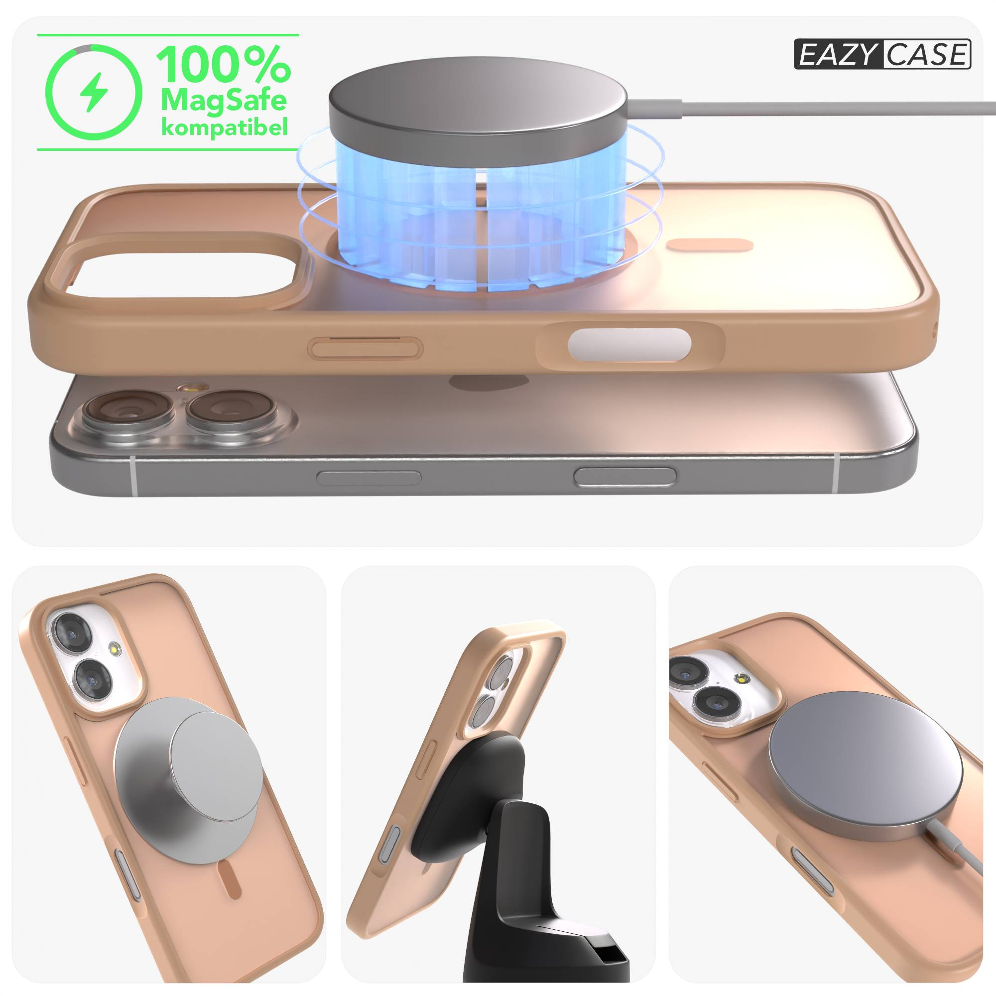 Ein iPhone mit MagSafe-Ladegerät und einer braunen Hülle. Mehrere Ansichten.