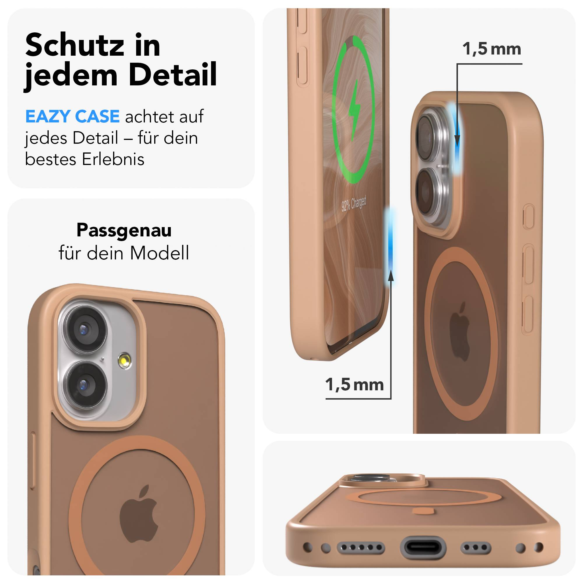 Braune Hülle für iPhone mit Apple-Logo, Ladeanzeige und 1,5 mm Schutz.