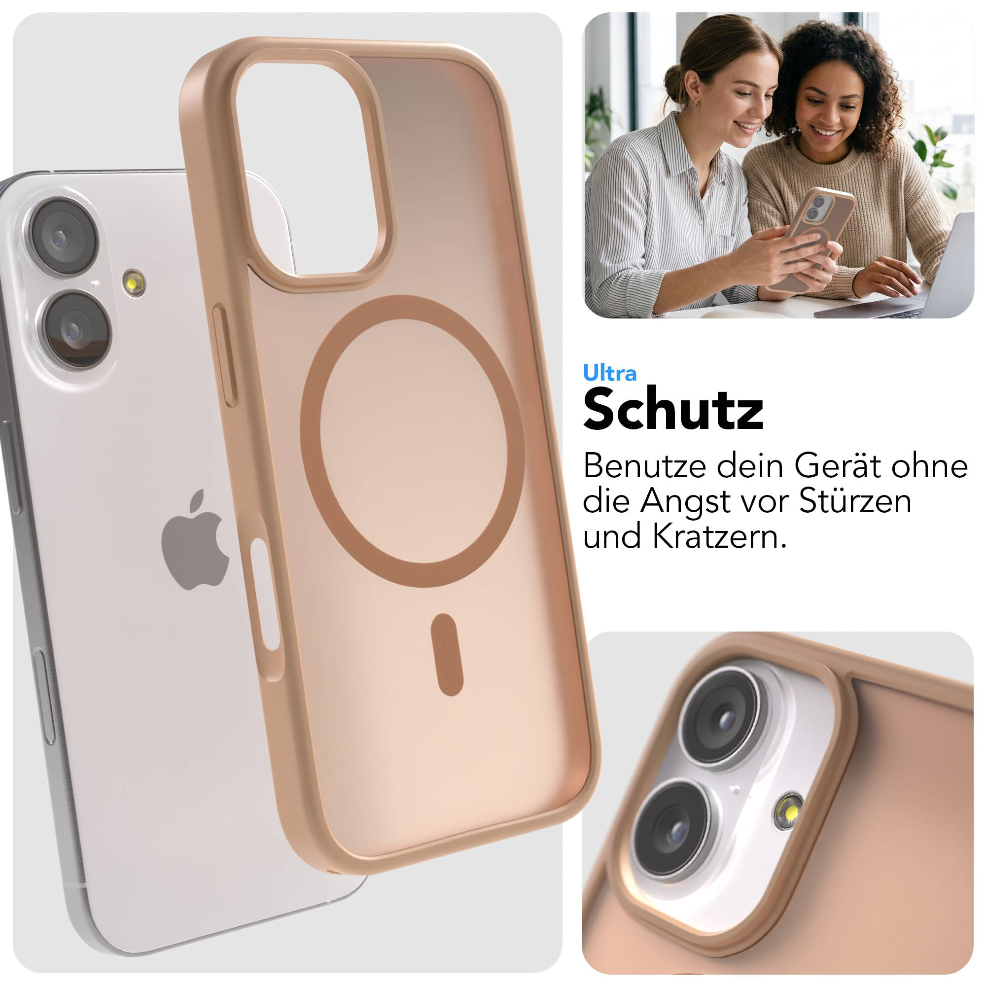 Ein iPhone mit einem hellbraunen Schutzgehäuse, das eine MagSafe-Magnetplatte zeigt.