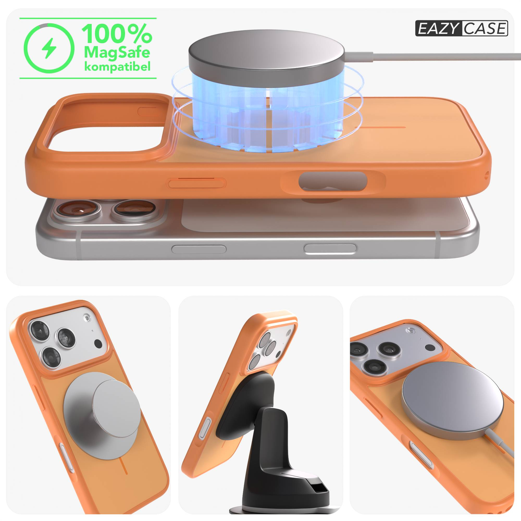 Ein orangefarbenes iPhone-Case mit MagSafe-Ladegerät und einem Ständer.