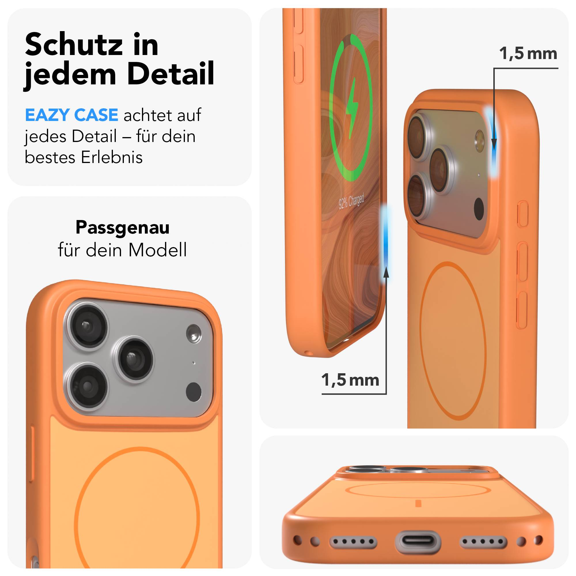 Orange Handyhülle mit Kamerainspektion und Ladeanzeige.