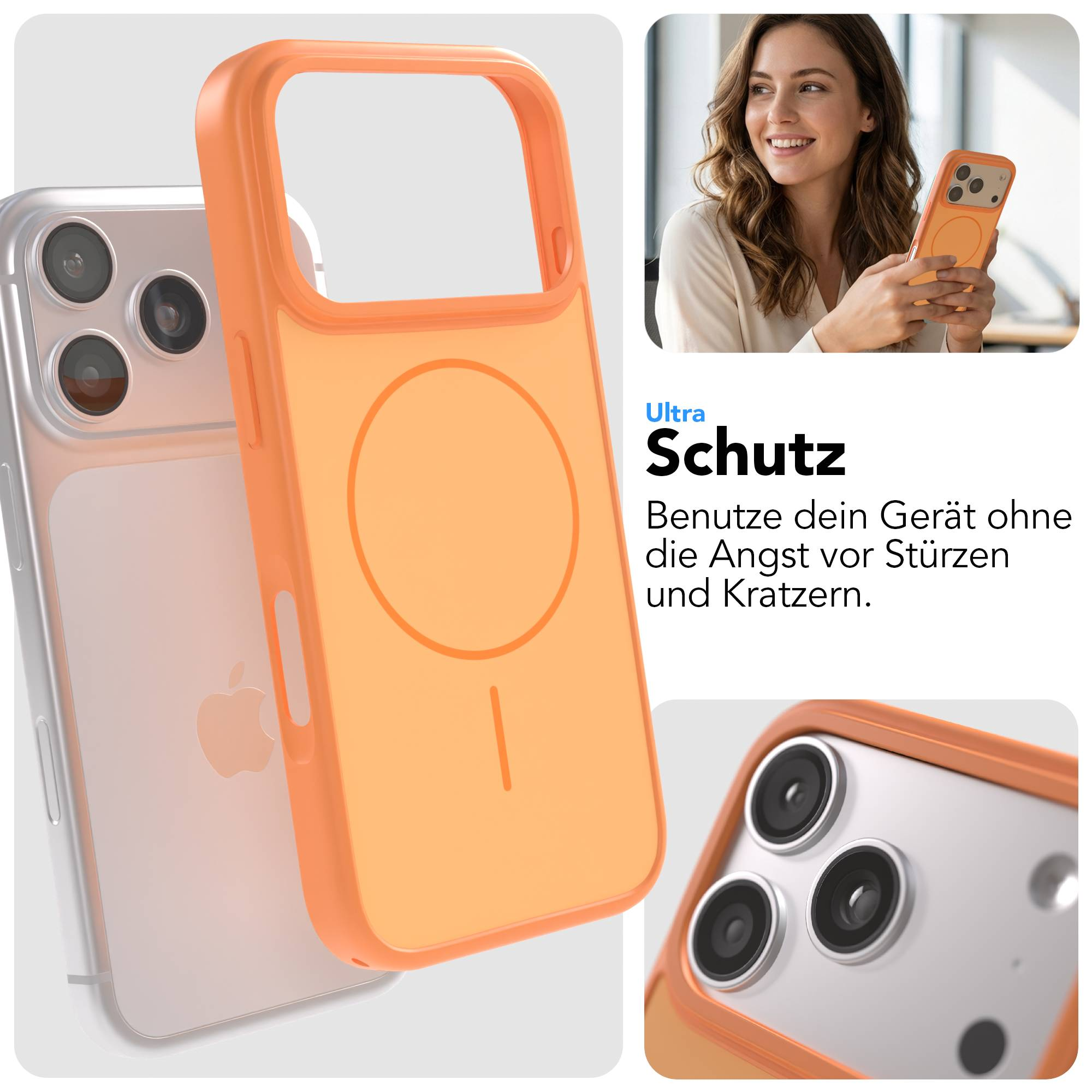 Ein orangefarbener Handyschutz mit einem iPhone. Eine Frau hält ein Handy.