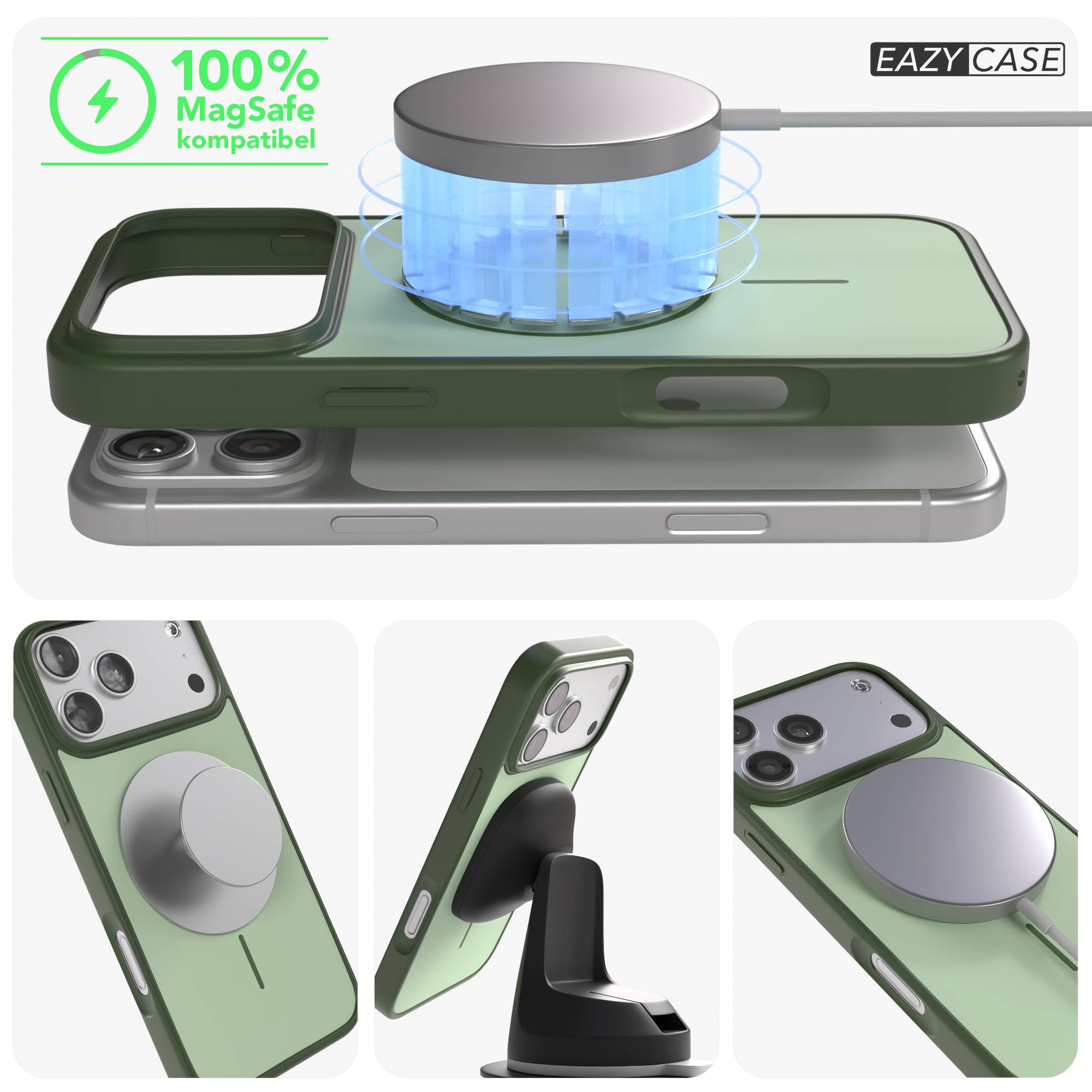 Ein grünes Handy mit MagSafe-Ladegerät und einer Halterung.