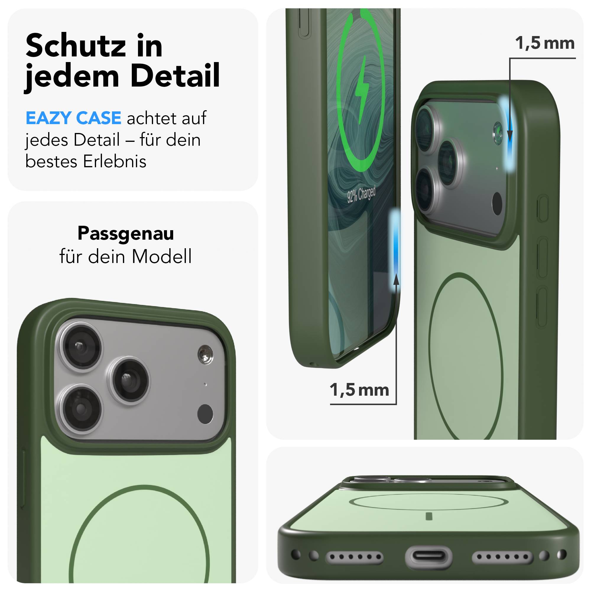 Grüne Handyhülle mit präziser Passform und 1,5mm Kameraschutz.